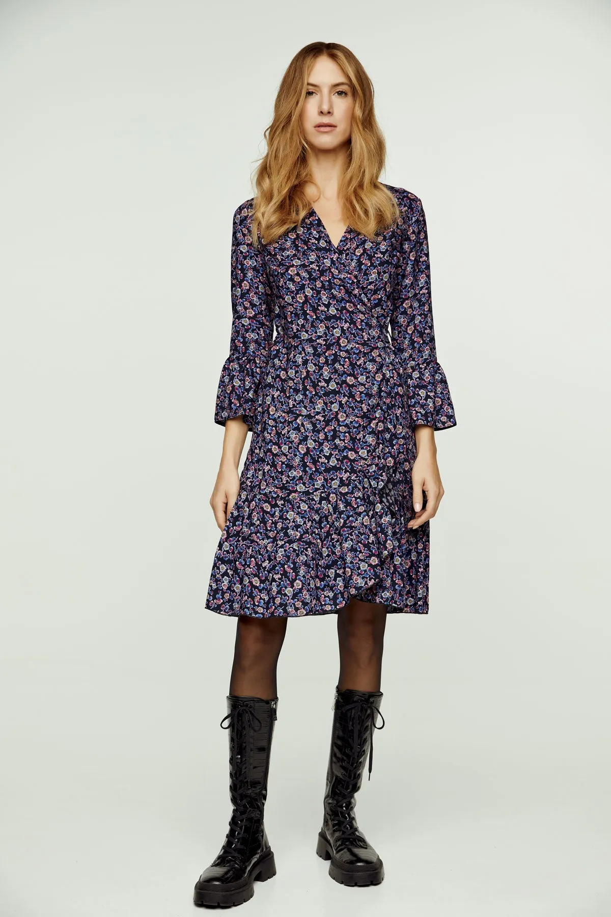 Floral Print Viscose Wrap Dress with Bell Sleeves