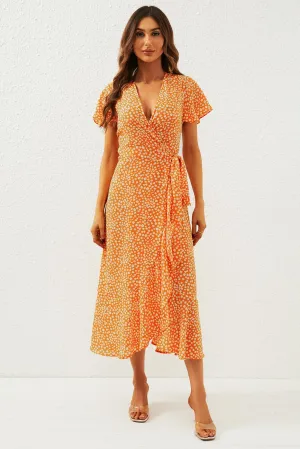 Floral Print Wrap Midi Dress In Orange Yellow