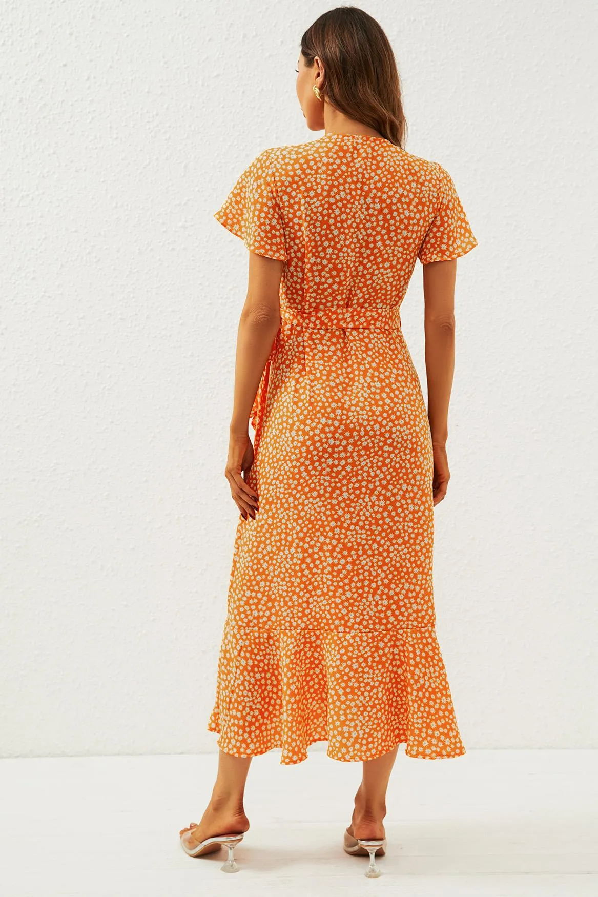 Floral Print Wrap Midi Dress In Orange Yellow