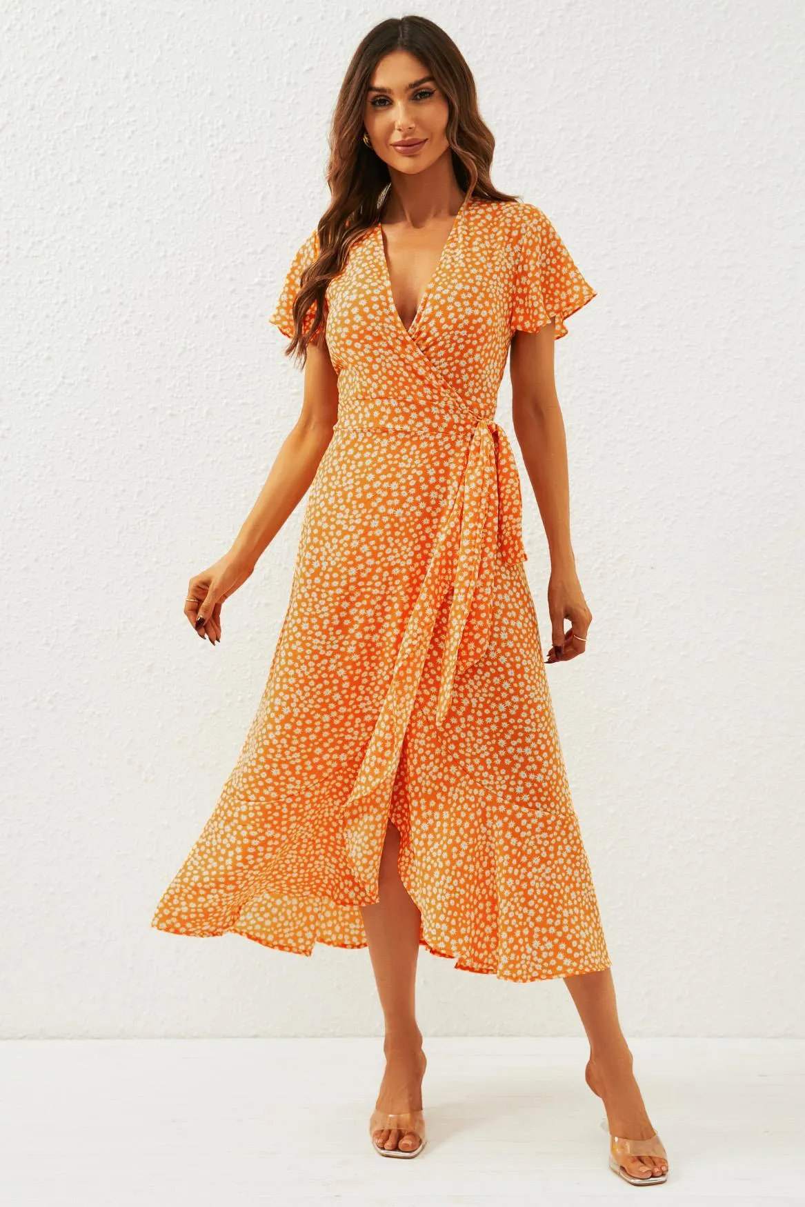 Floral Print Wrap Midi Dress In Orange Yellow