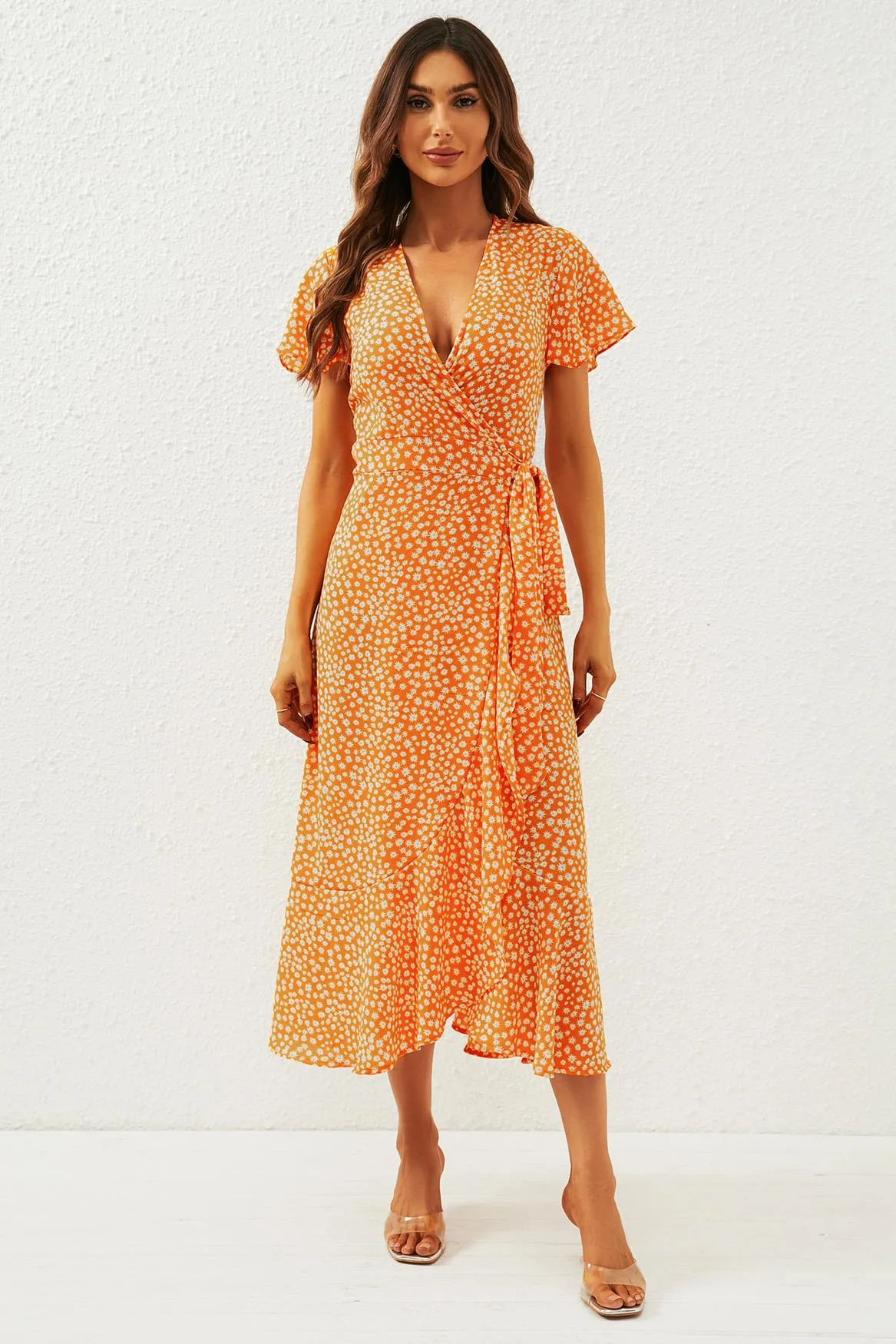 Floral Print Wrap Midi Dress In Orange Yellow