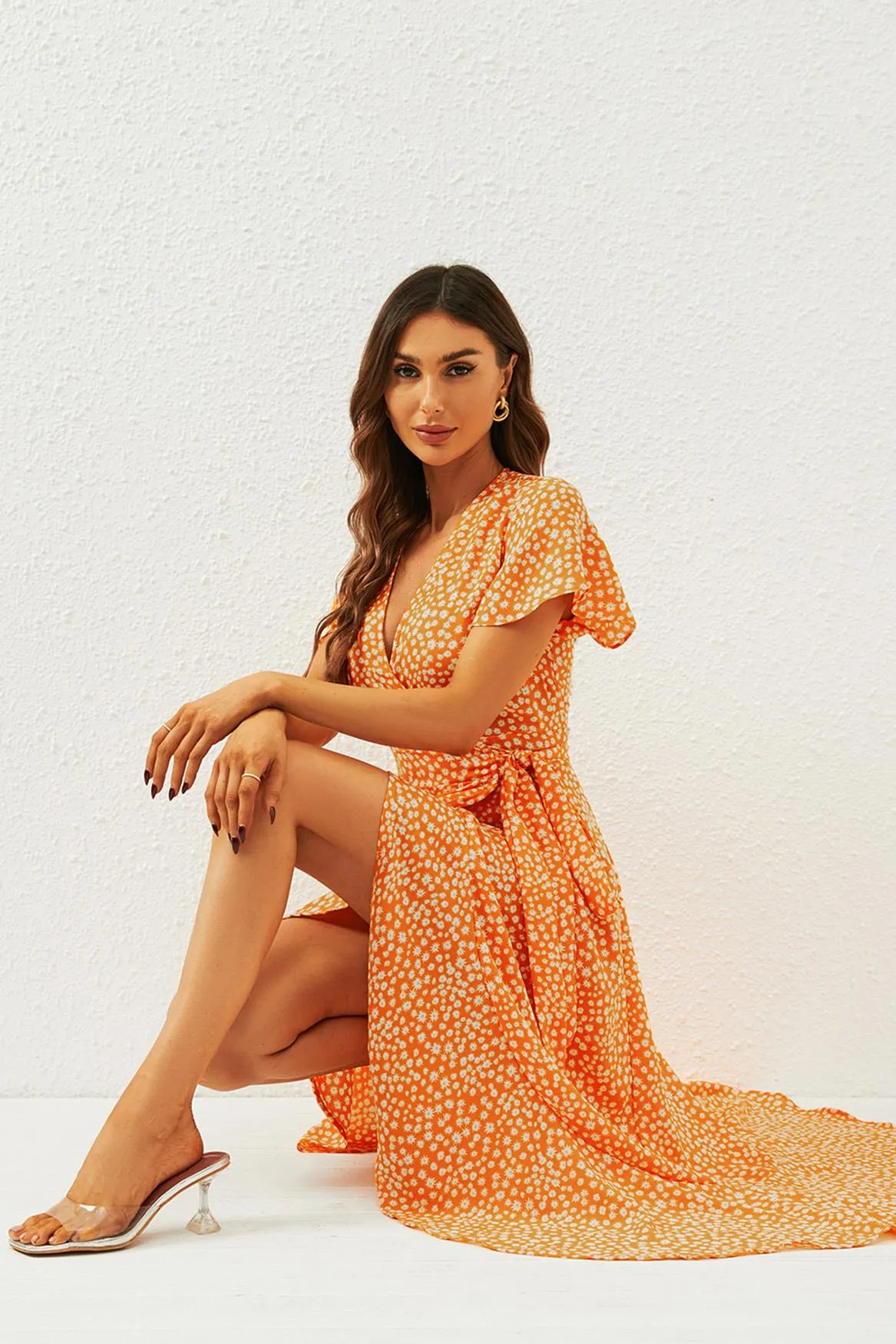 Floral Print Wrap Midi Dress In Orange Yellow