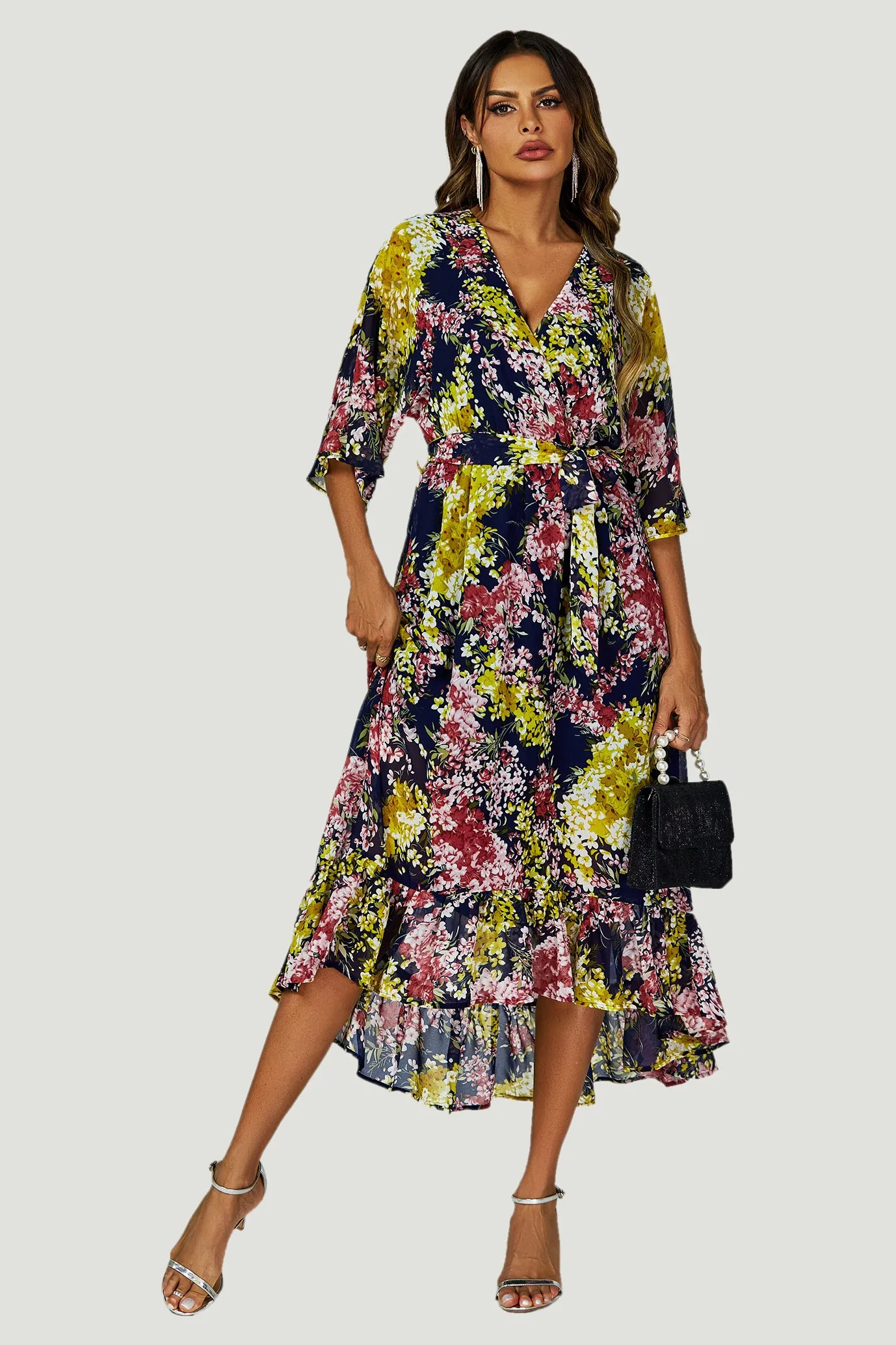 Floral Print Wrap Top Kimono Sleeve Maxi Dress In Navy