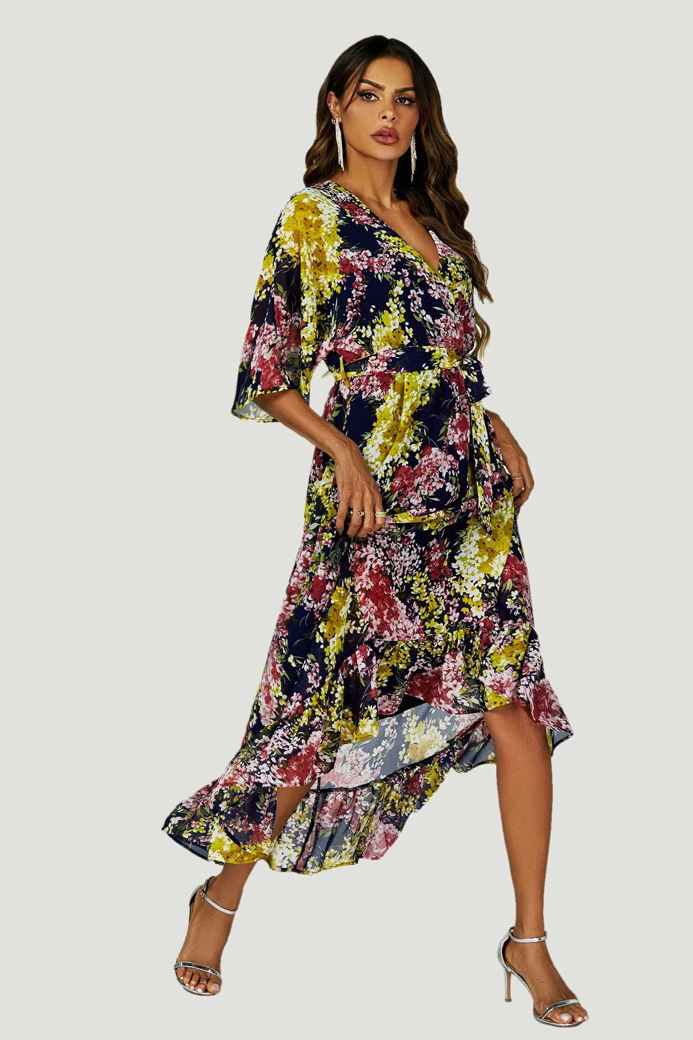 Floral Print Wrap Top Kimono Sleeve Maxi Dress In Navy