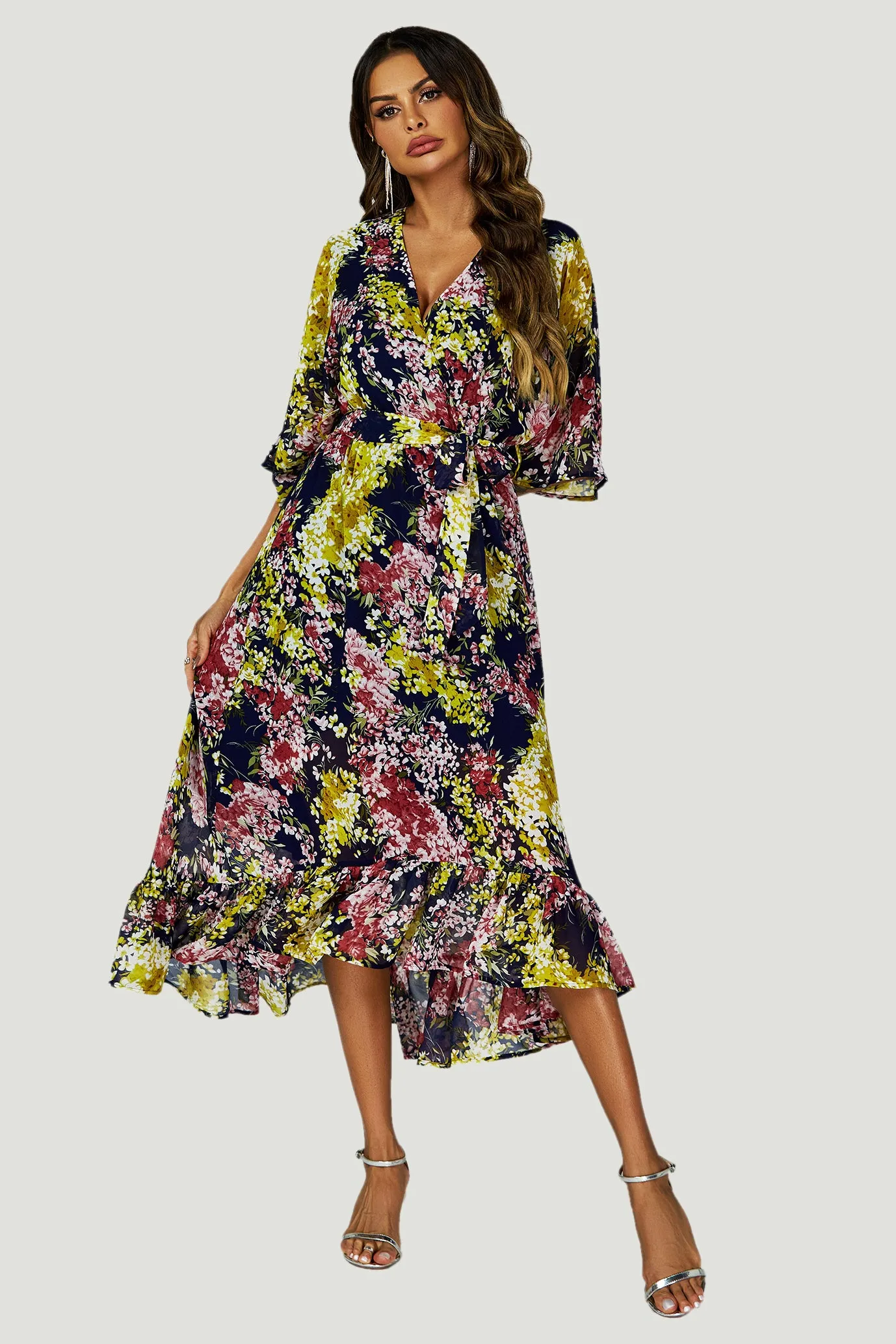 Floral Print Wrap Top Kimono Sleeve Maxi Dress In Navy