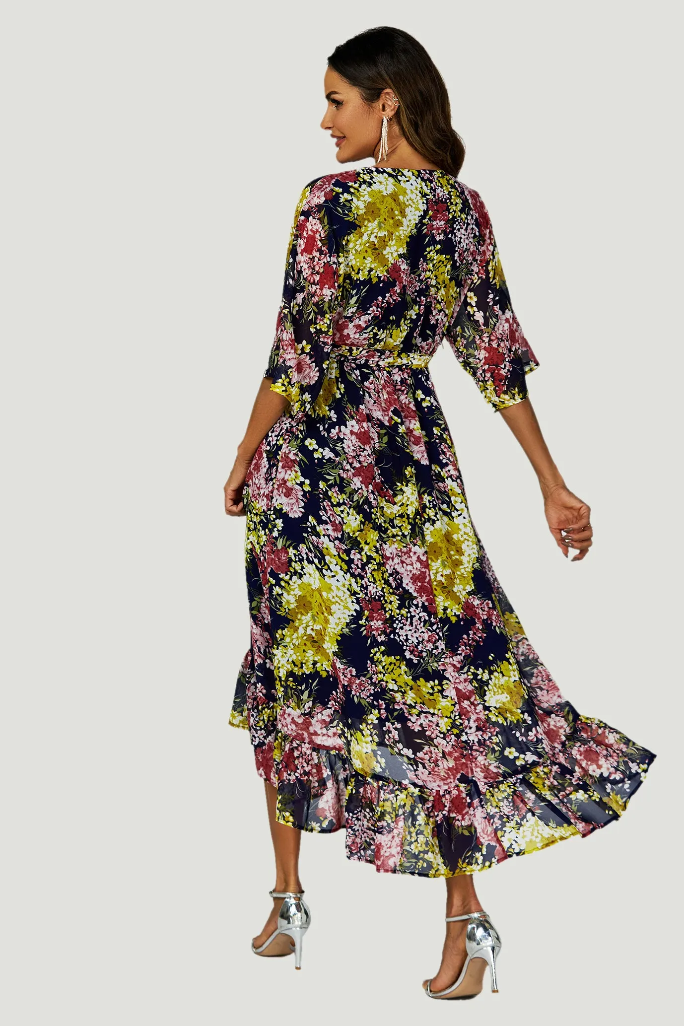 Floral Print Wrap Top Kimono Sleeve Maxi Dress In Navy