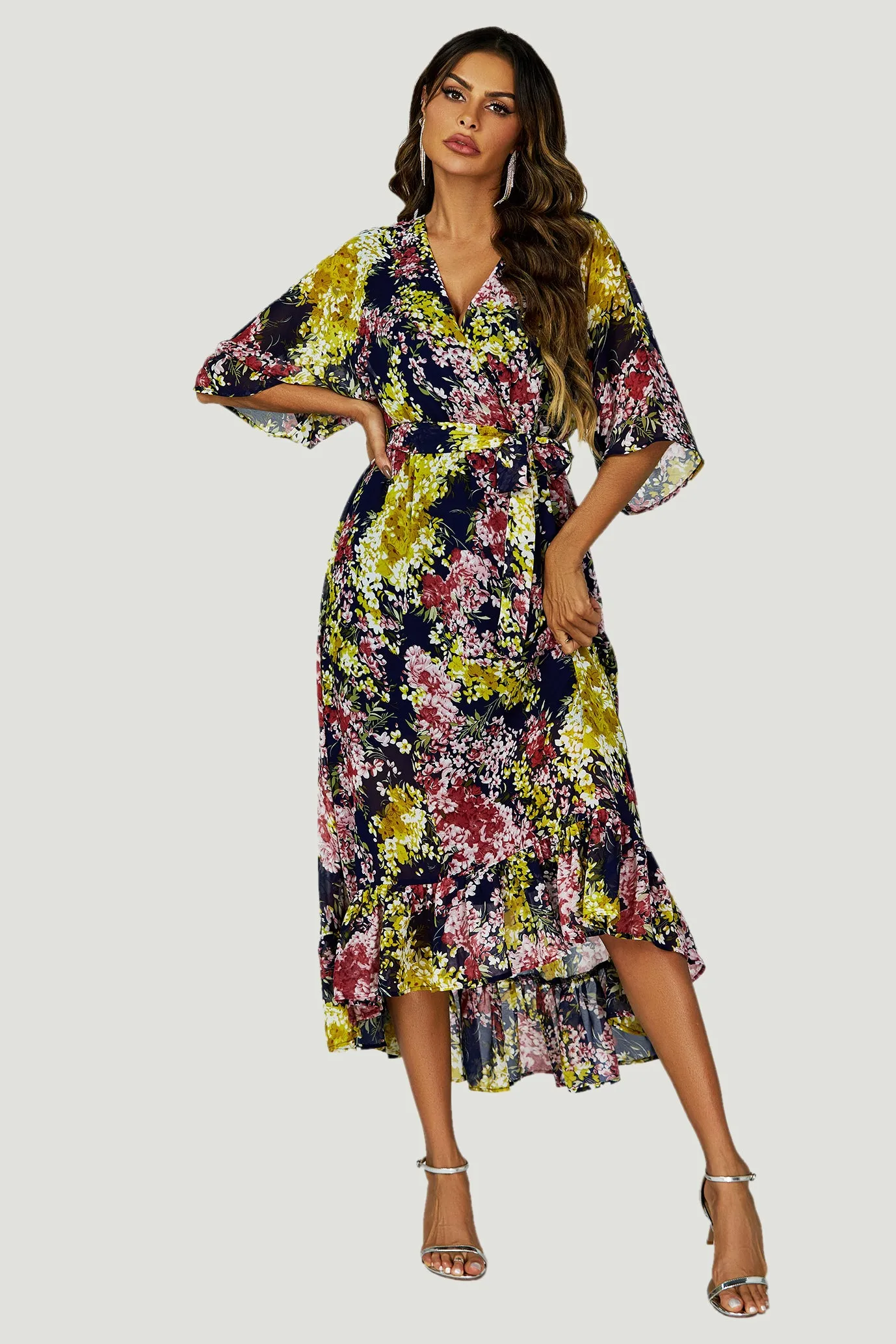 Floral Print Wrap Top Kimono Sleeve Maxi Dress In Navy