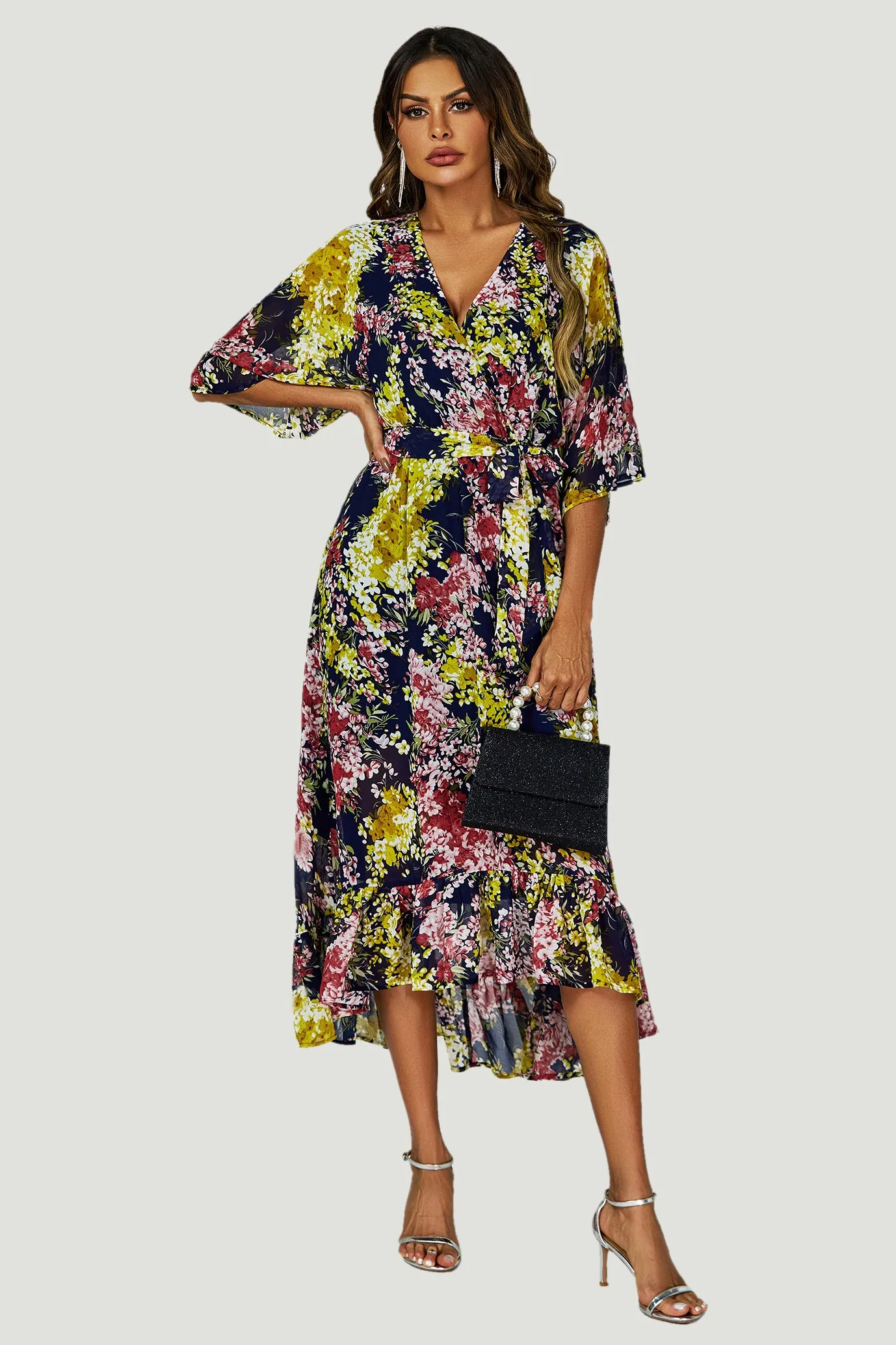 Floral Print Wrap Top Kimono Sleeve Maxi Dress In Navy