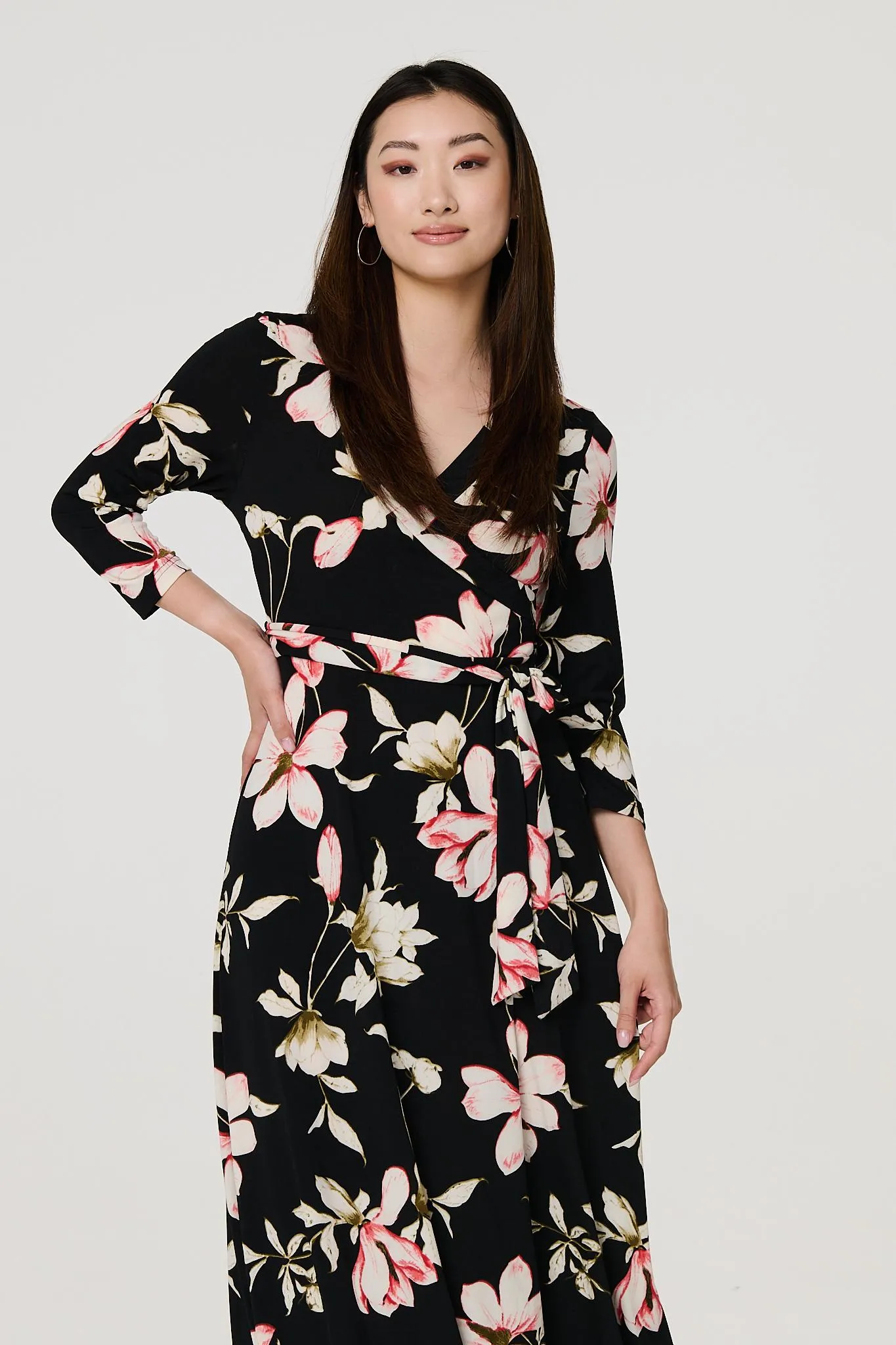 Floral Tie Waist 3/4 Sleeve Maxi Dress