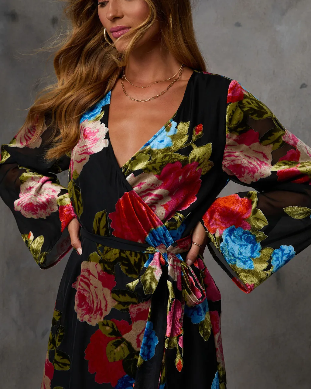 Floral Trail Velvet Burnout Wrap Mini Dress