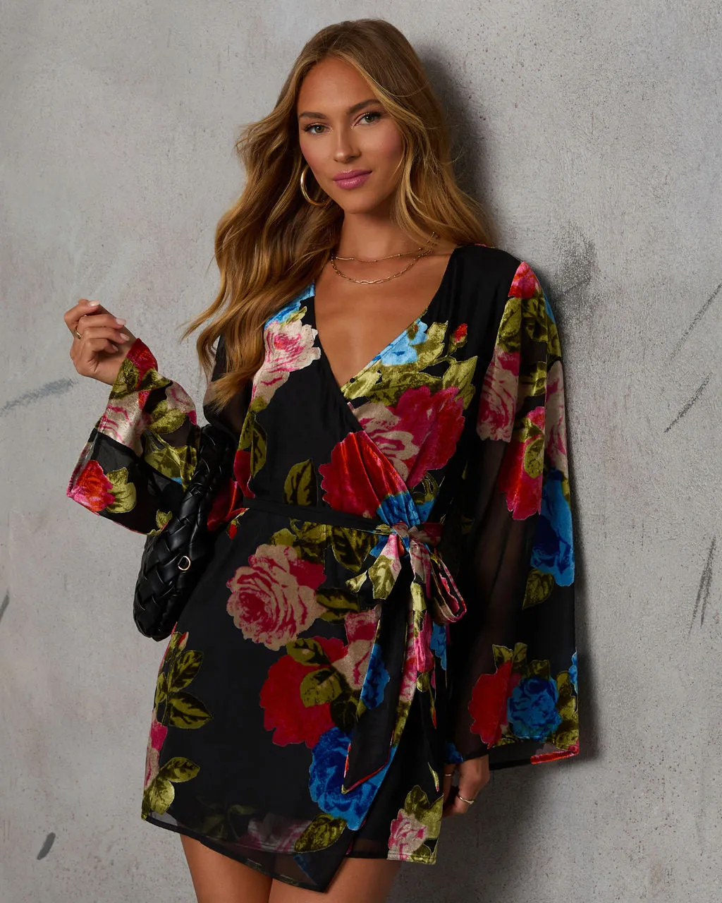 Floral Trail Velvet Burnout Wrap Mini Dress