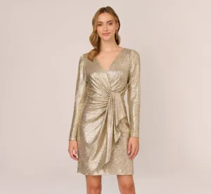 Foil Knit Faux Wrap Dress With Long Sleeves In Light Gold