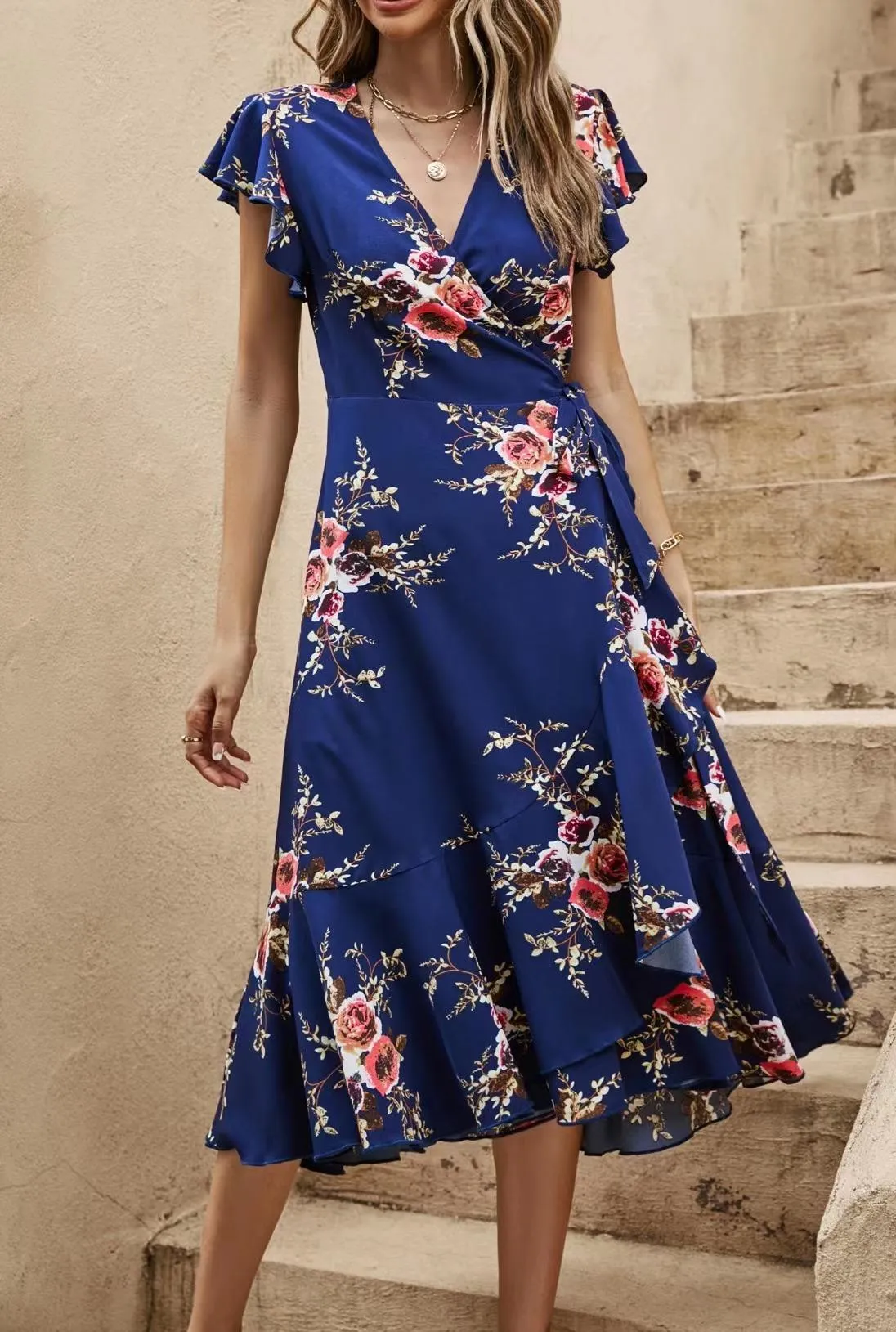 Frill Shoulder Sleeve Floral Midi Wrap Dress In Navy