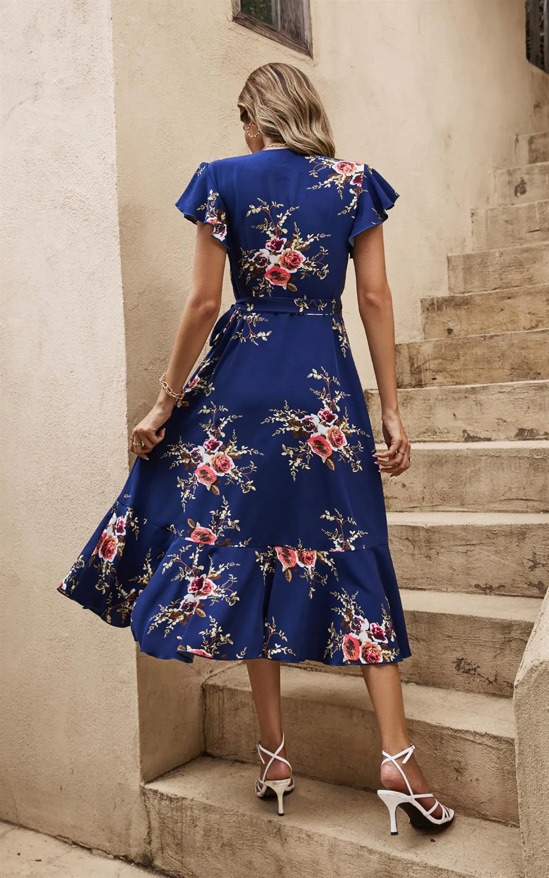 Frill Shoulder Sleeve Floral Midi Wrap Dress In Navy