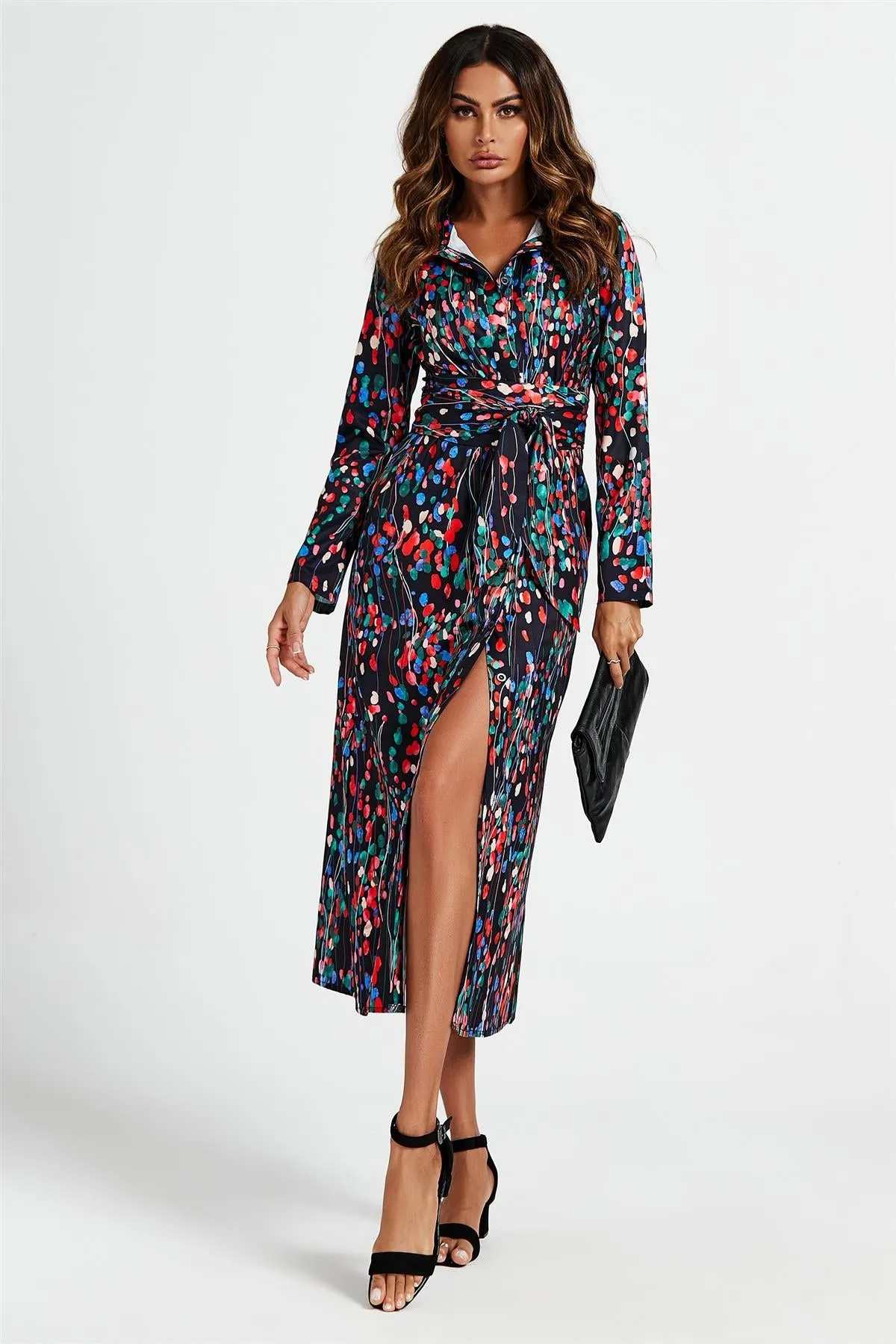 FS Collection Abstract Floral Print Shirt Midi Wrap Dress In Black