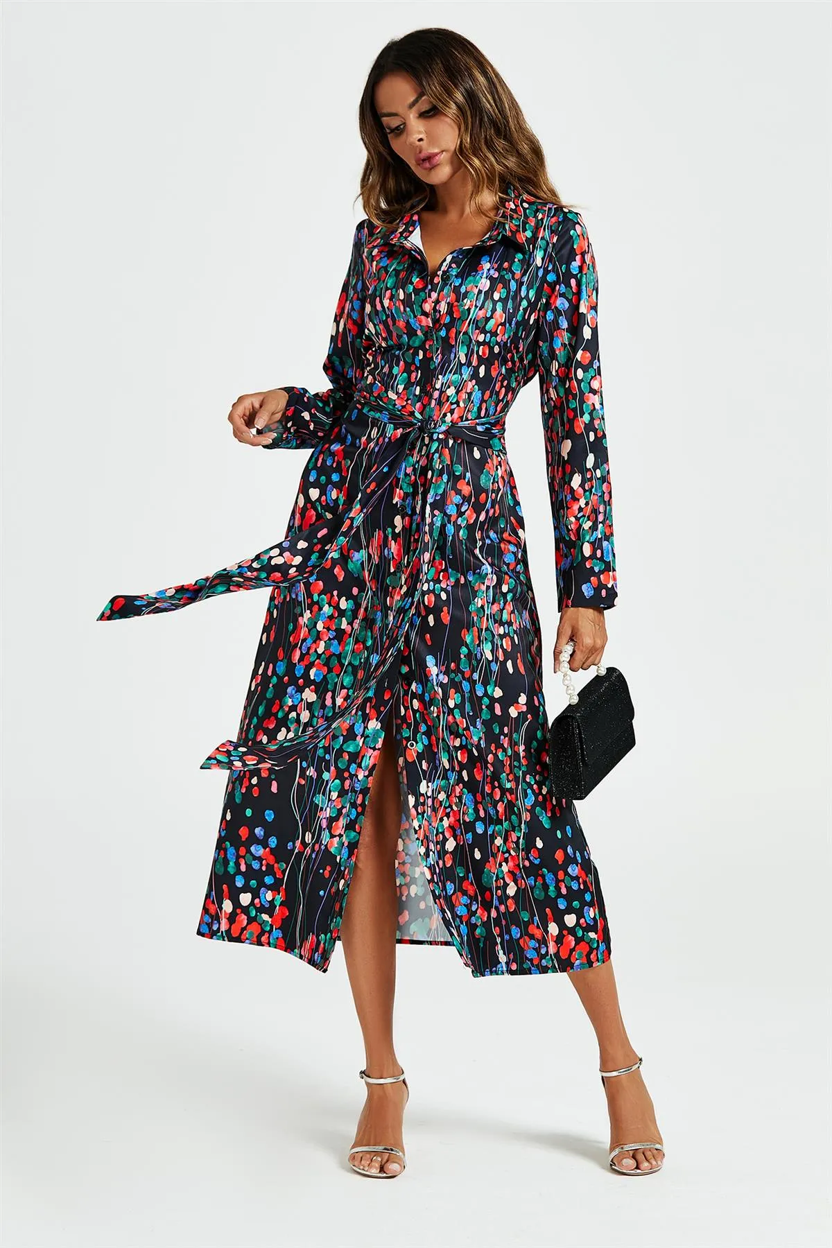 FS Collection Abstract Floral Print Shirt Midi Wrap Dress In Black