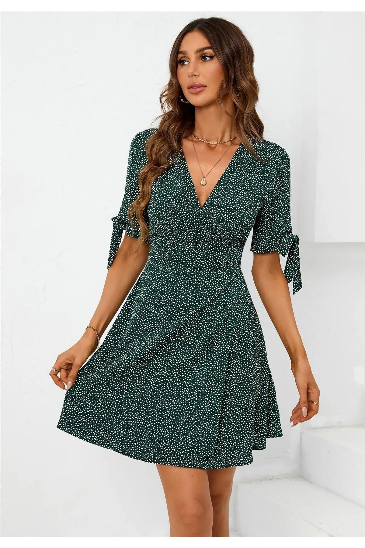 FS Collection Dot Print Wrap Top Mini Dress In Green