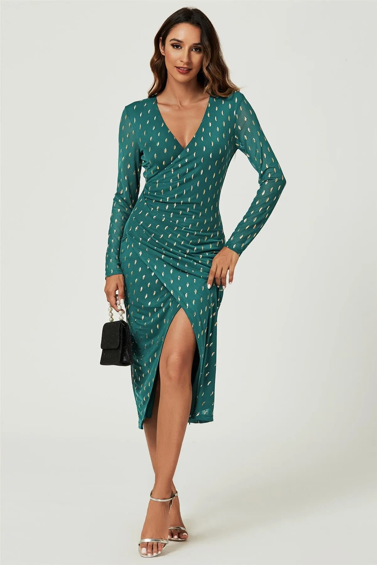 FS Collection Foil Mesh Long Sleeve Midi Dress In Green