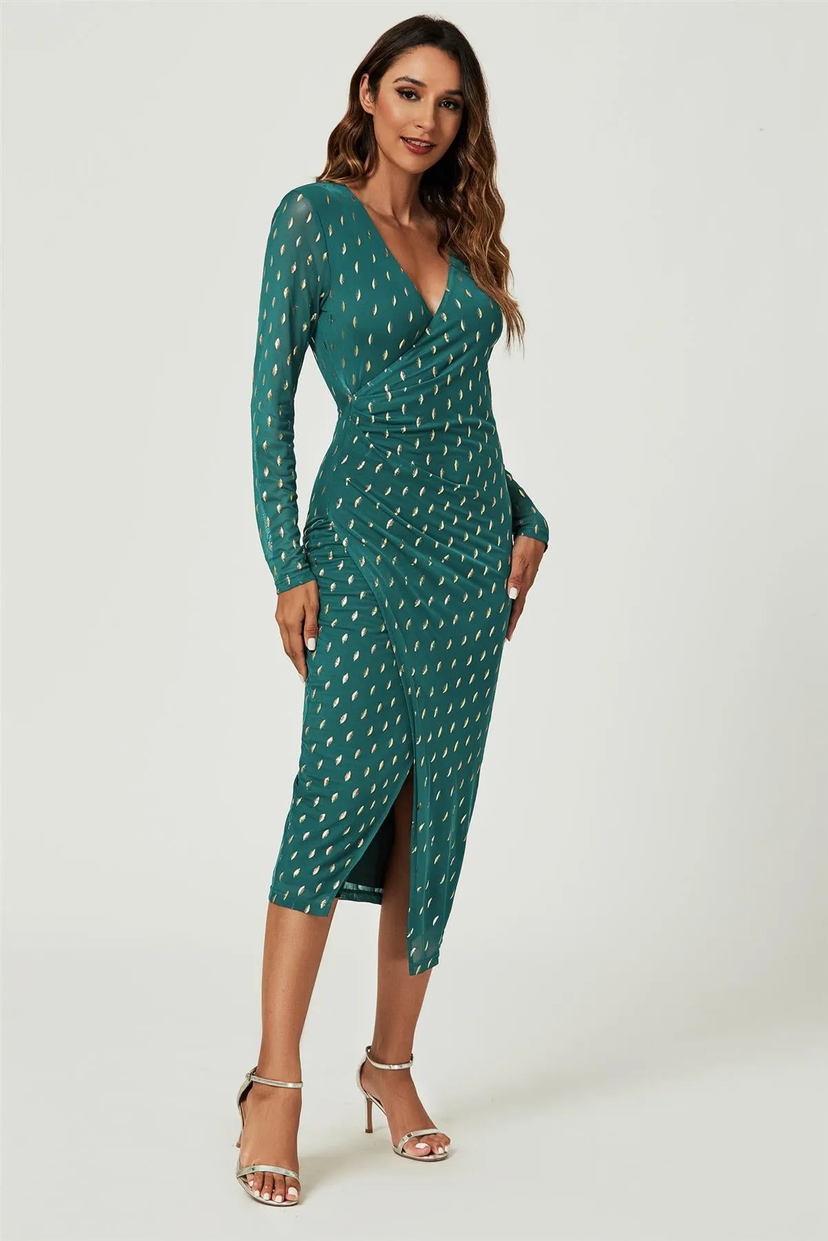 FS Collection Foil Mesh Long Sleeve Midi Dress In Green