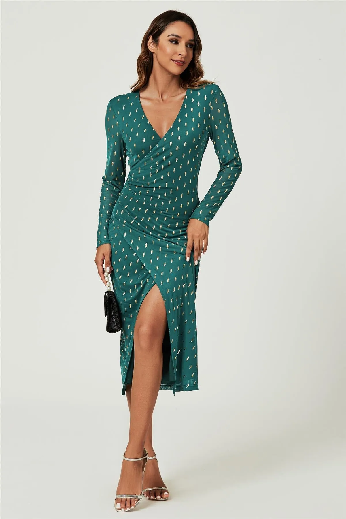 FS Collection Foil Mesh Long Sleeve Midi Dress In Green