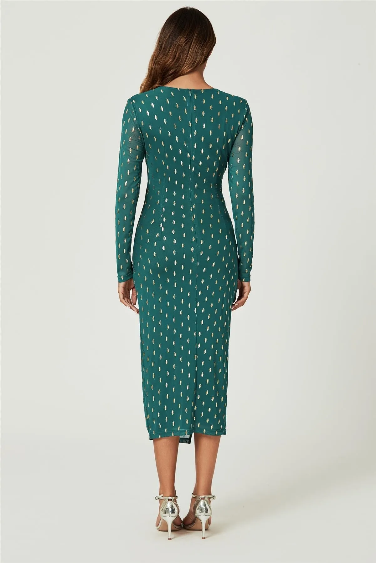 FS Collection Foil Mesh Long Sleeve Midi Dress In Green