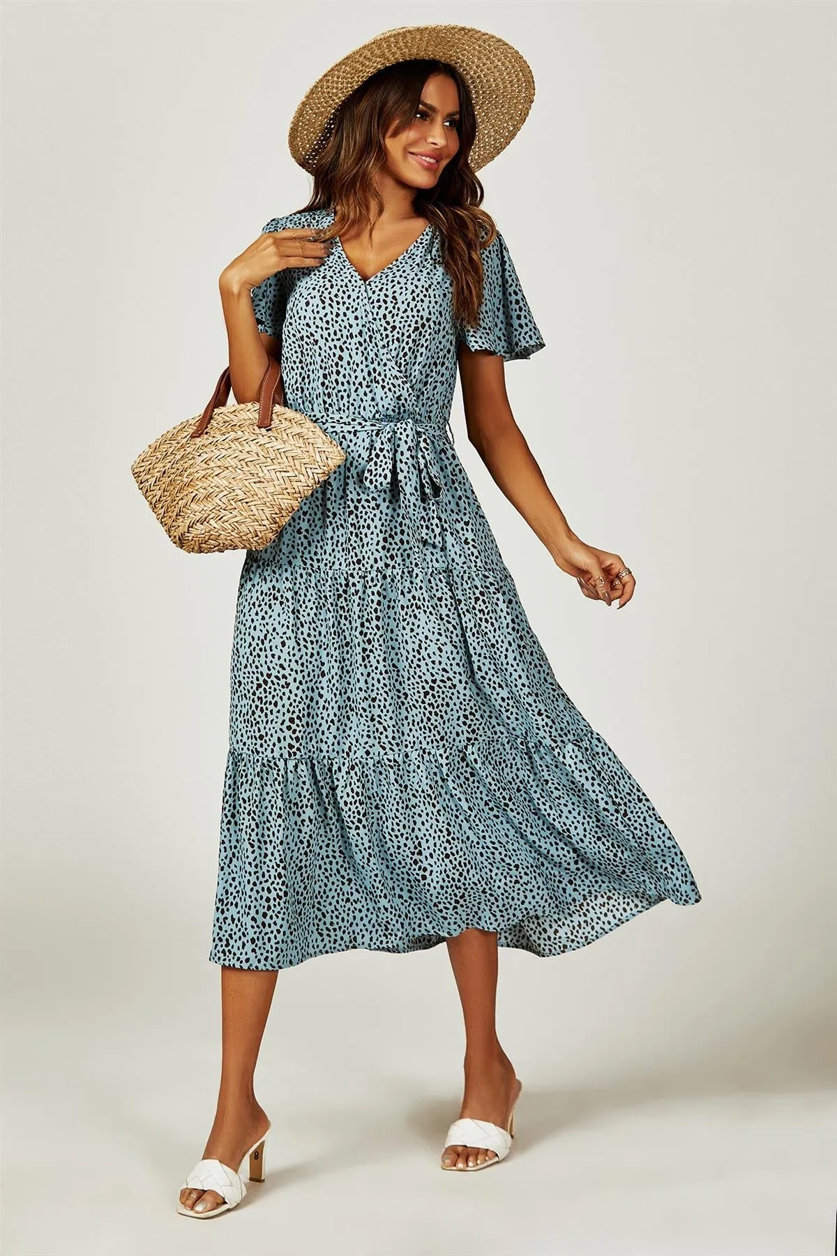 FS Collection Leopard Print Hem Tiered Wrap Midi Dress In Blue