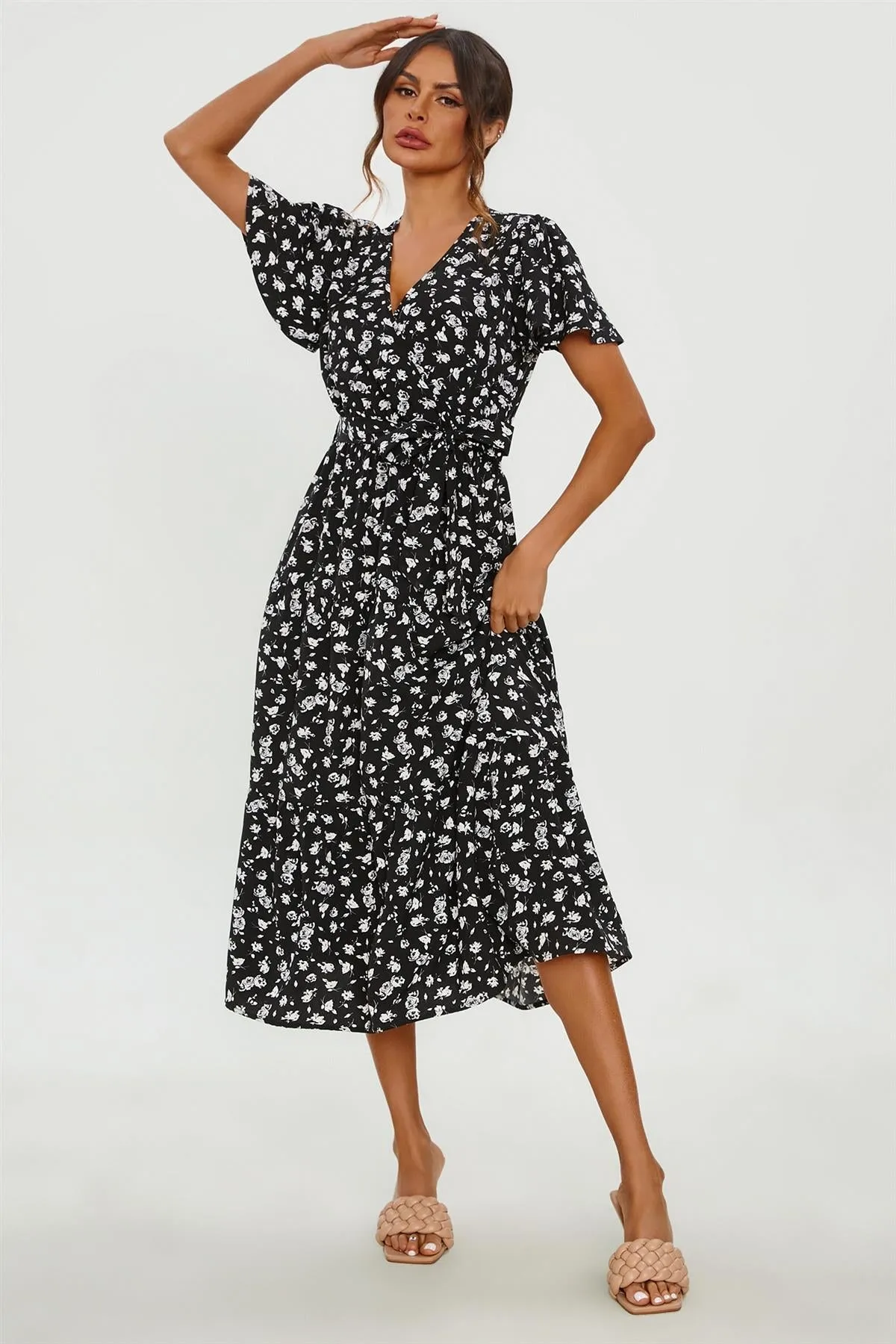 FS Collection White Floral Print Hem Tiered Wrap Midi Dress In Black