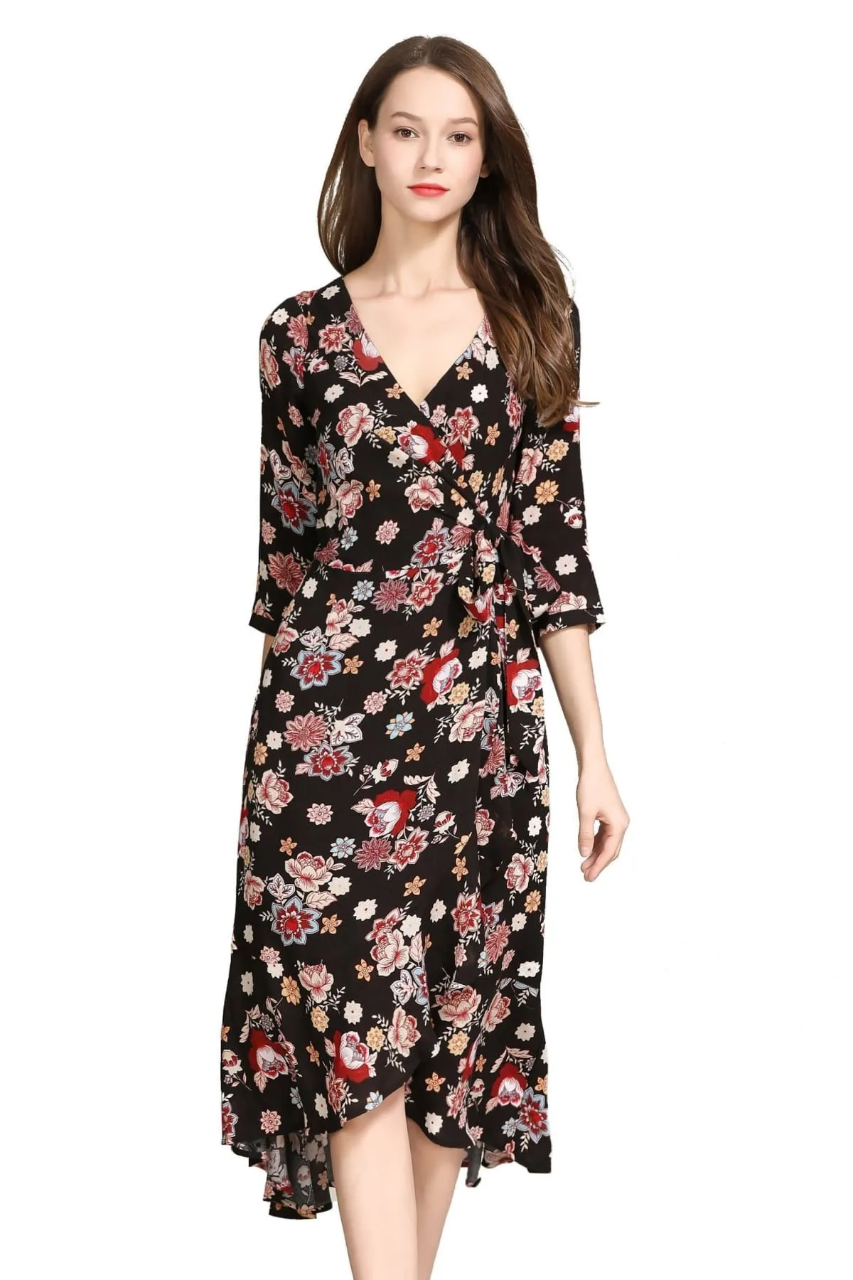 Fun Paisley Floral Garden Black Ruffle Wrap Dress