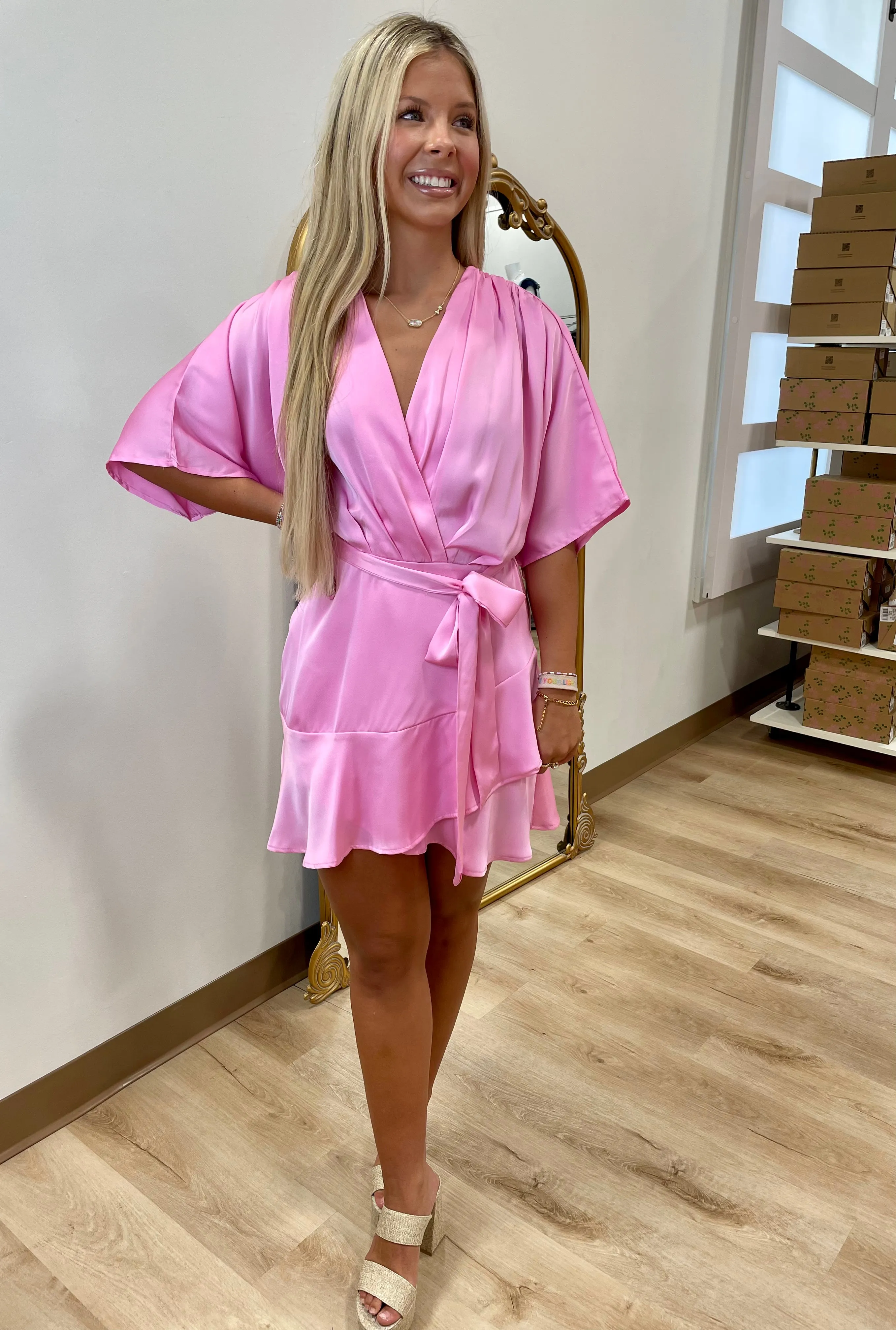 Gabbi Faux Wrap Satin Mini Dress Pink