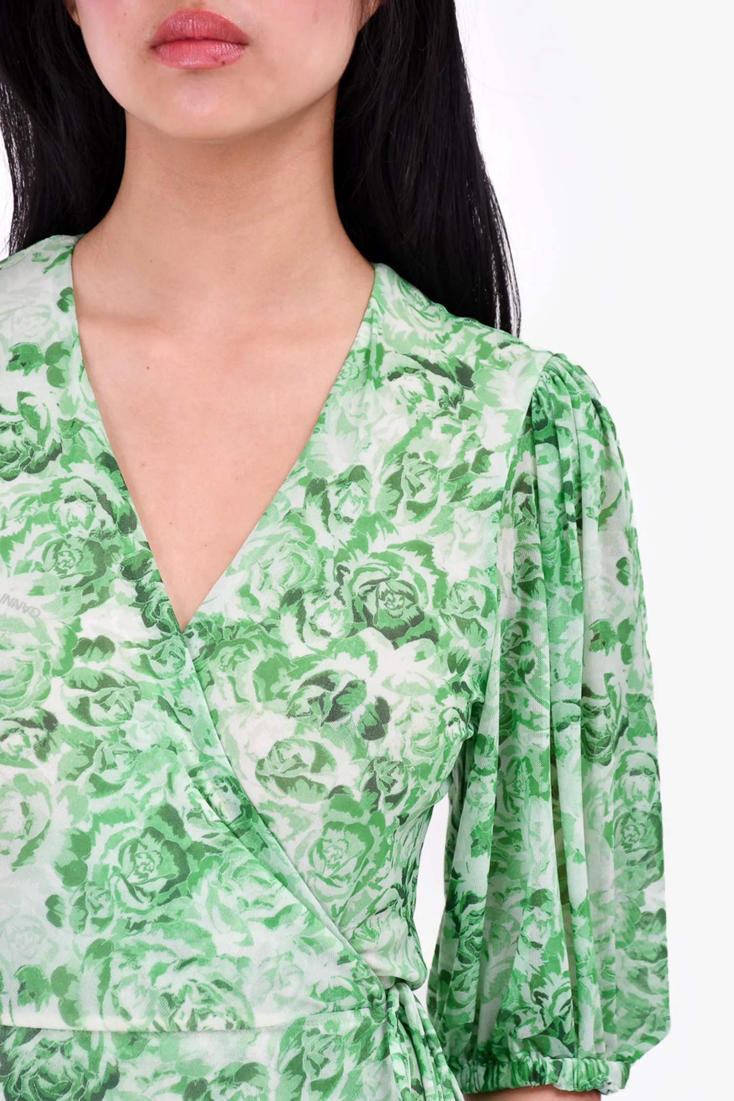 Ganni Green/White Rose Printed Puff Sleeve Wrap Dress Size 36