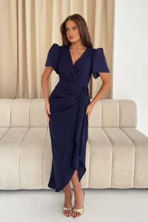 Girl In Mind Drew Puff Sleeve Navy Blue Midi Dress