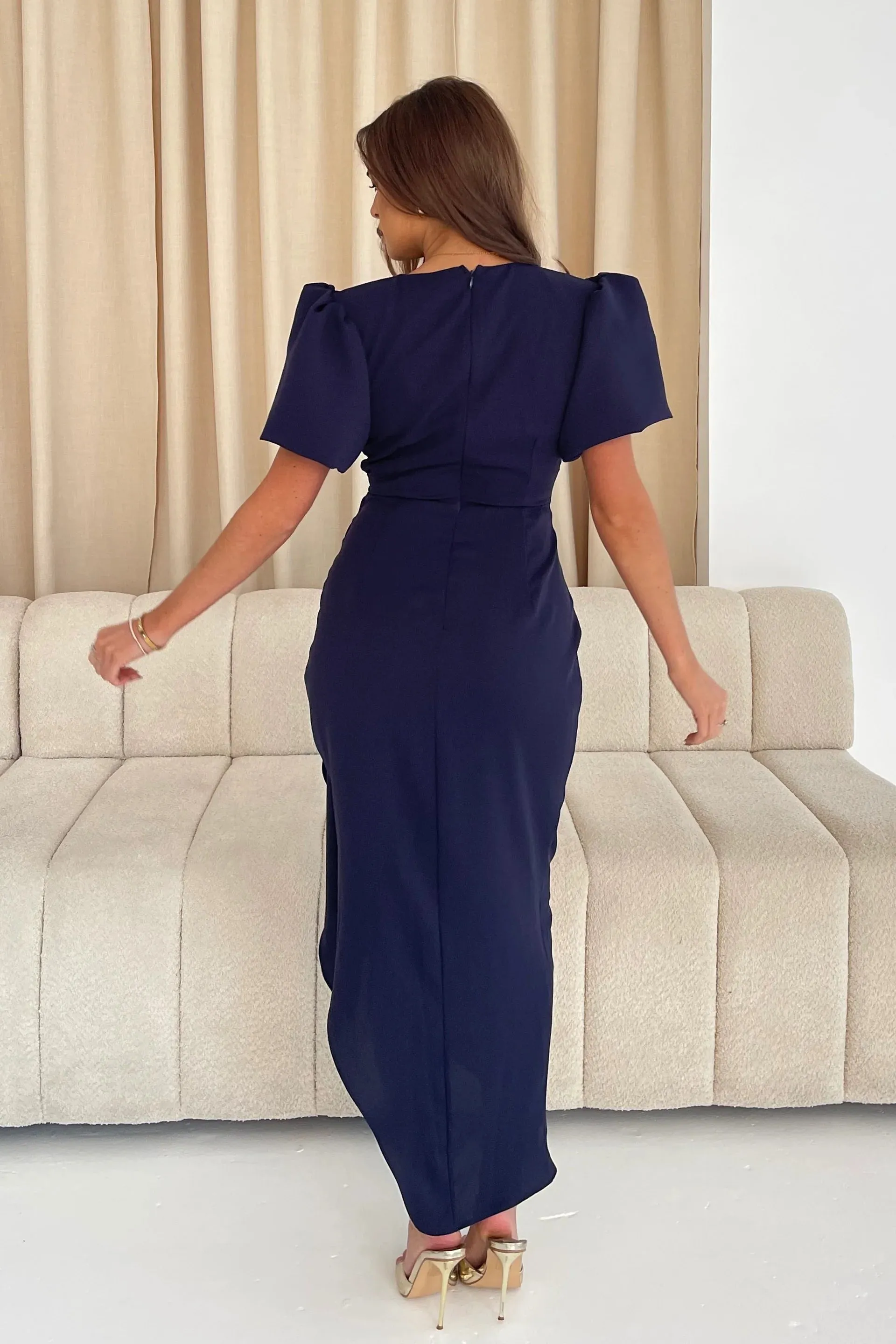 Girl In Mind Drew Puff Sleeve Navy Blue Midi Dress