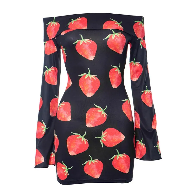 Girlary Strawberry Print Off Shoulder Mini Dress Women Y2K Flare Long Sleeve Slim Wrap Hip Short Dress Hottie Autumn Streetwear