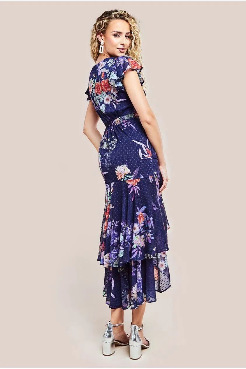 Goddiva Floral Wrap High And Low Midaxi Dress - Navy