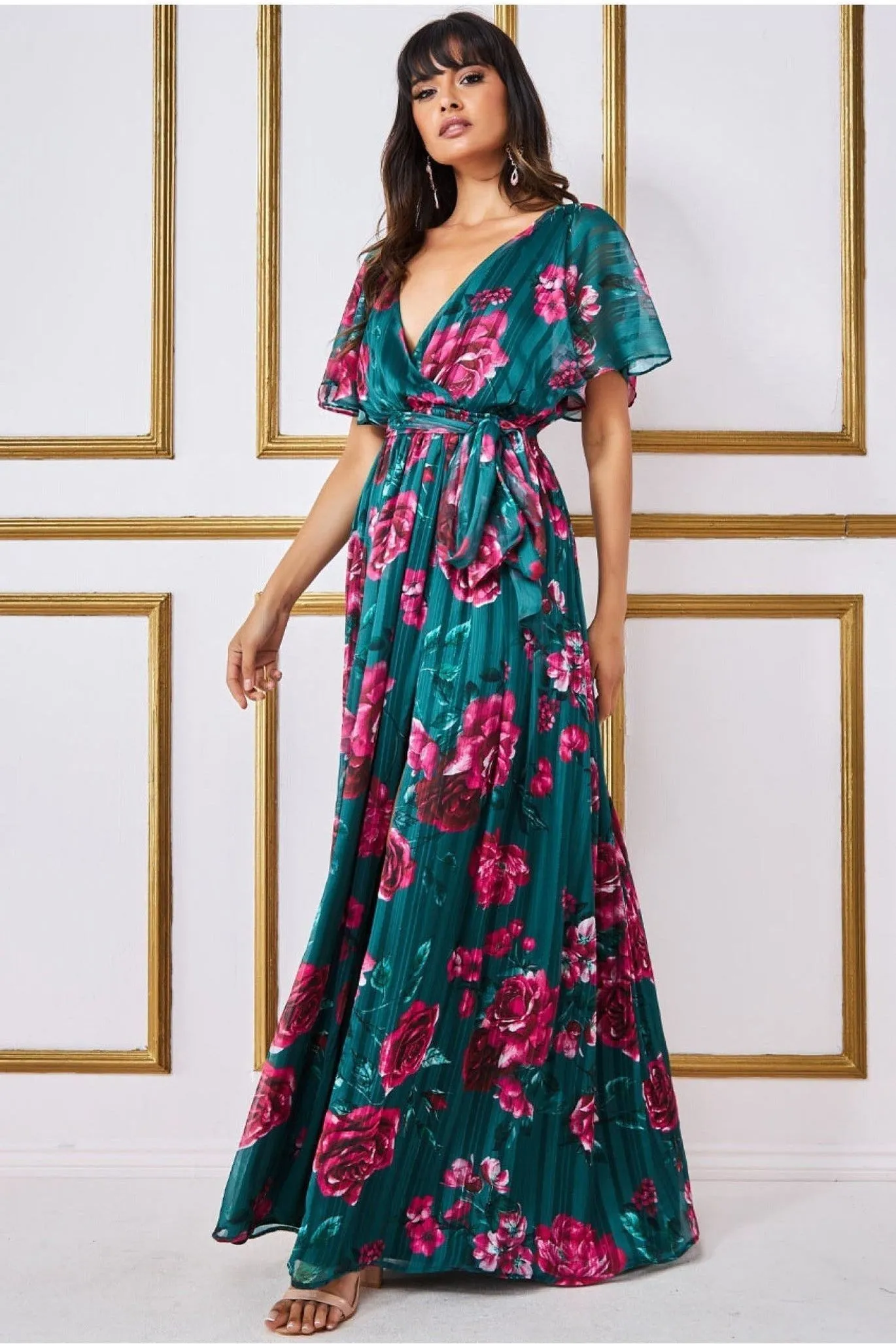 Goddiva Flutter Sleeve Floral Wrap Maxi - Emerald Green