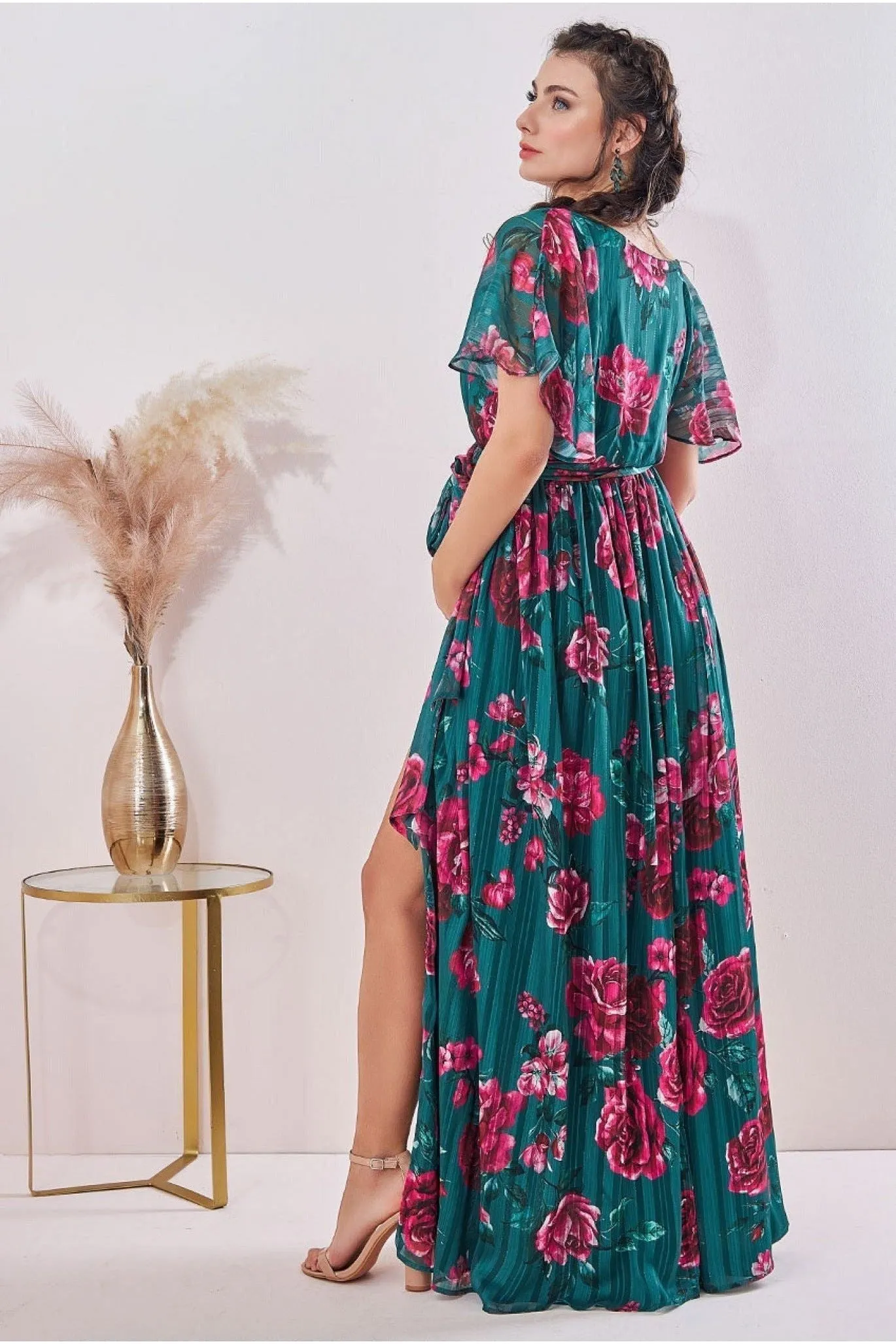 Goddiva Maternity Flutter Sleeve Floral Wrap Maxi  Emerald