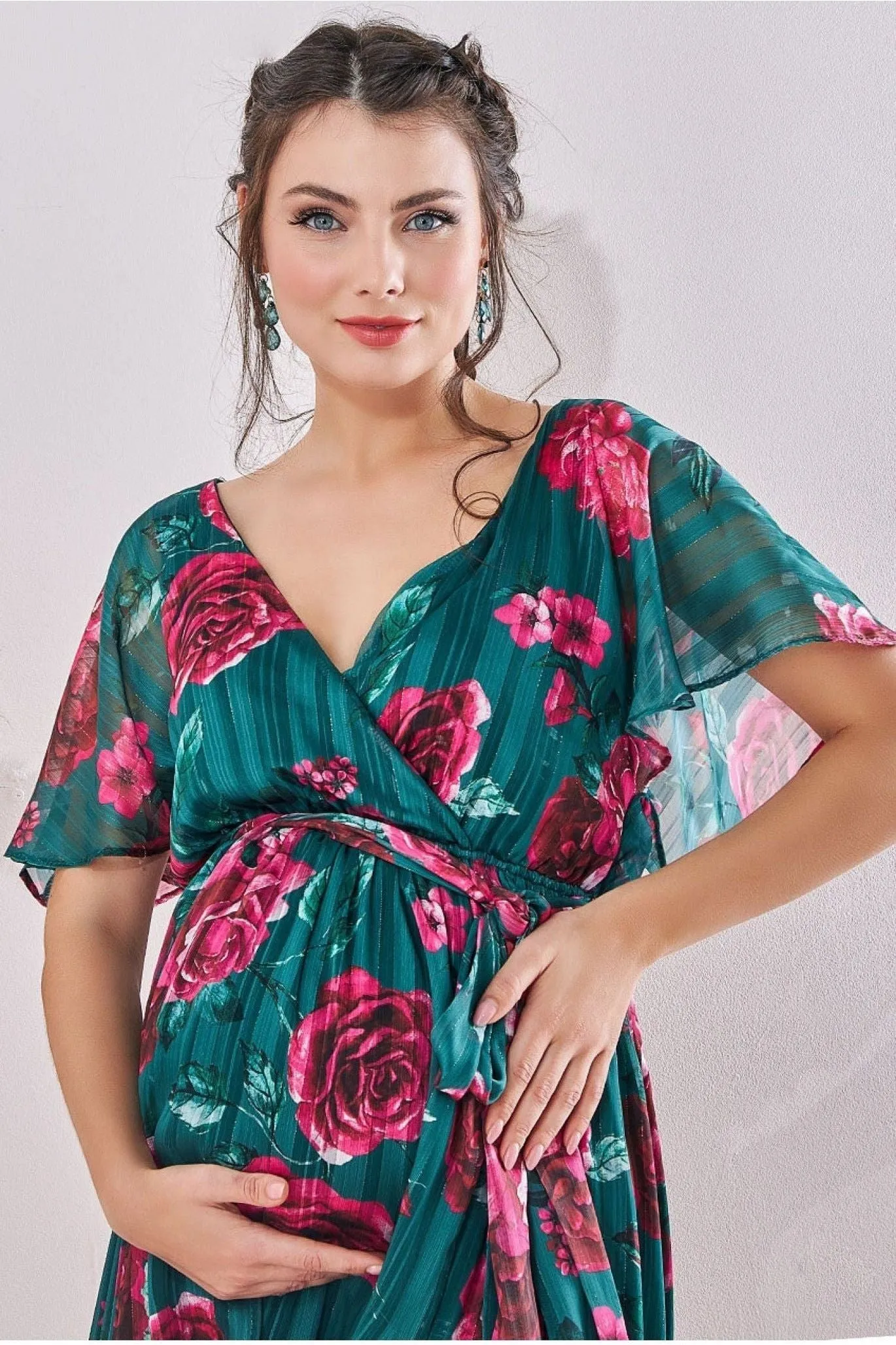 Goddiva Maternity Flutter Sleeve Floral Wrap Maxi  Emerald