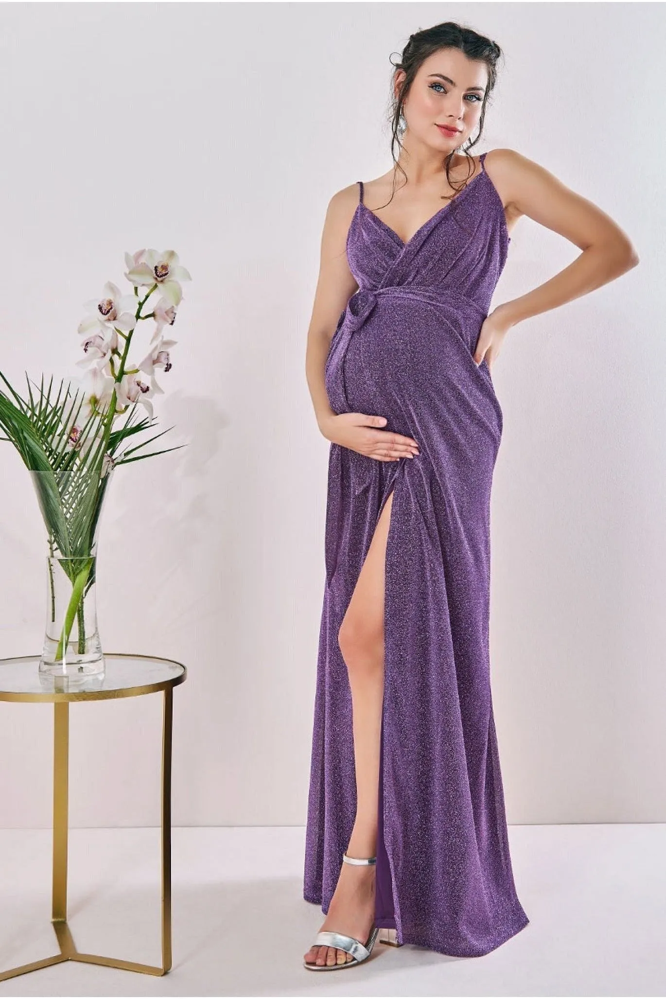 Goddiva Maternity Wrap Spaghetti Strap Maxi Purple