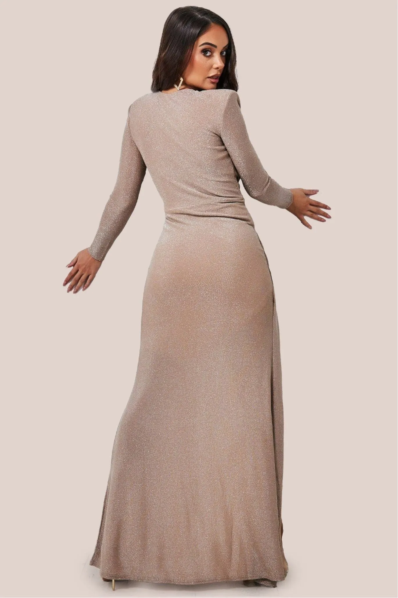 Goddiva Plunge Neck Wrap Front Split Lurex Maxi Dress - Nude