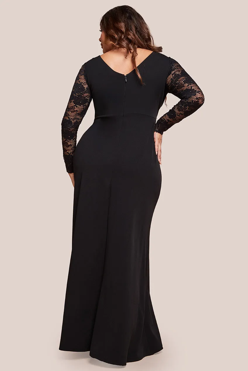 Goddiva Plus Scuba & Lace Wrap Maxi Dress - Black