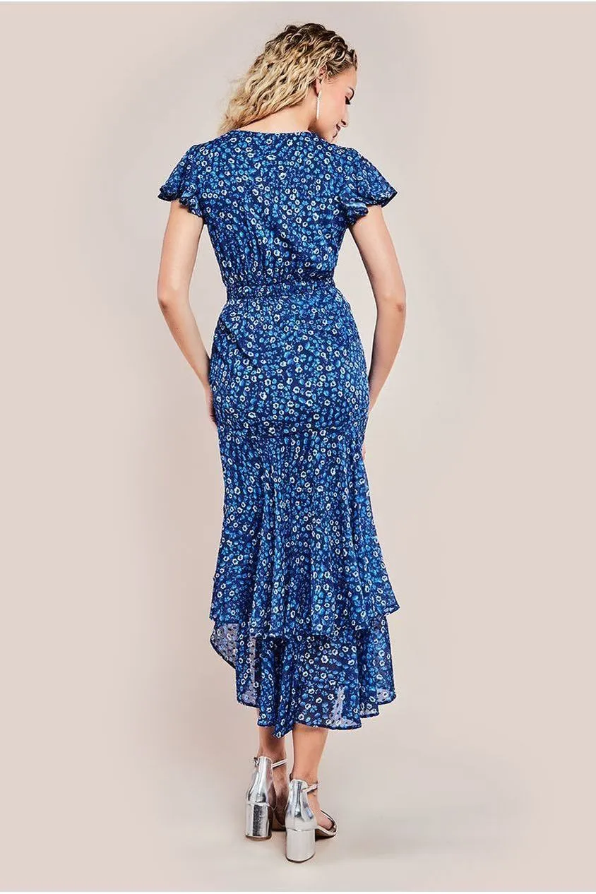 Goddiva Printed Wrap High And Low Midaxi Dress - Navy