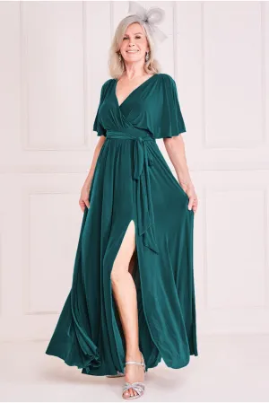 Goddiva Short Sleeve Wrap Maxi Dress - Emerald Green