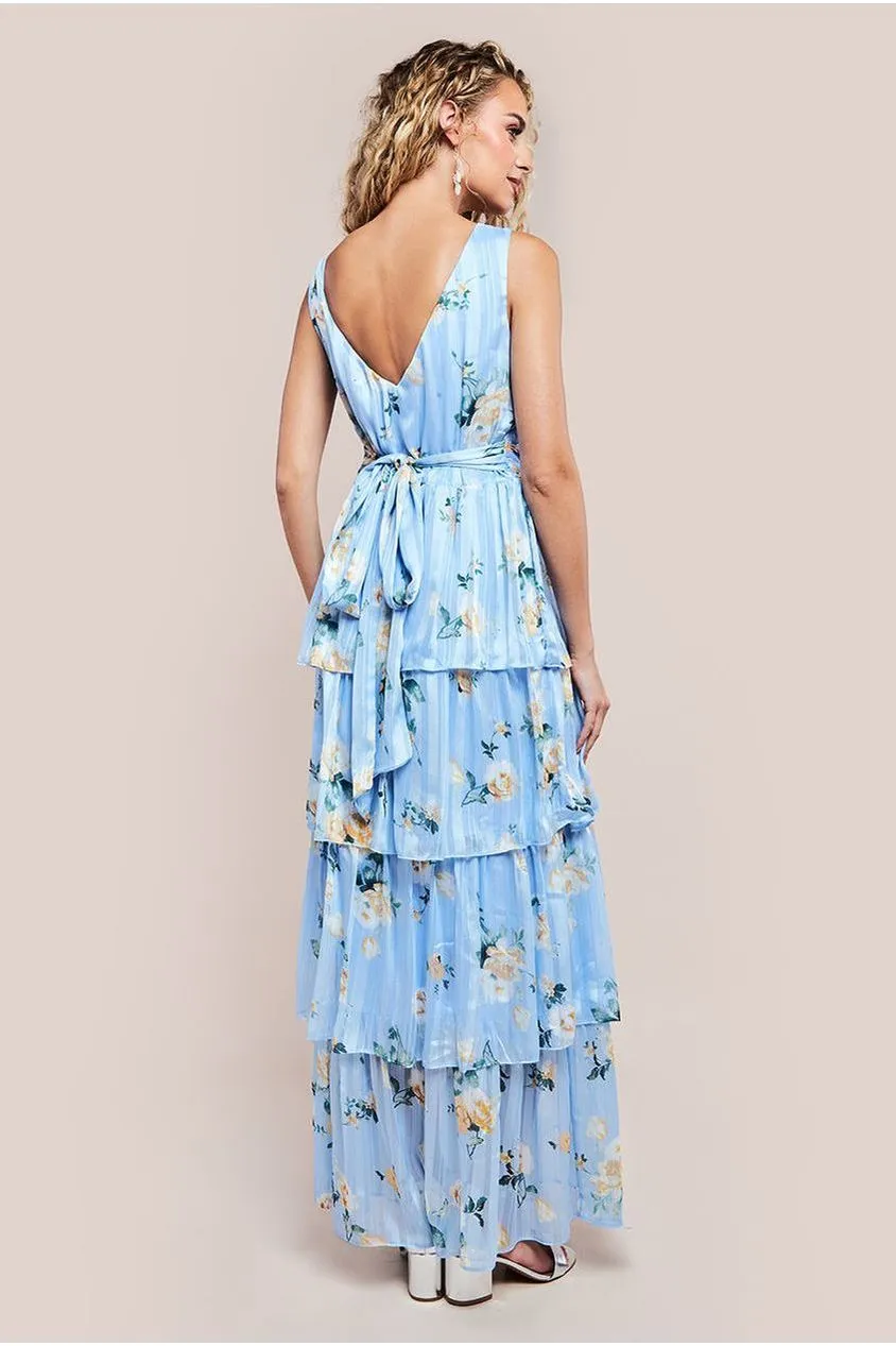 Goddiva Tiered Chiffon Floral Maxi Dress - Powder Blue