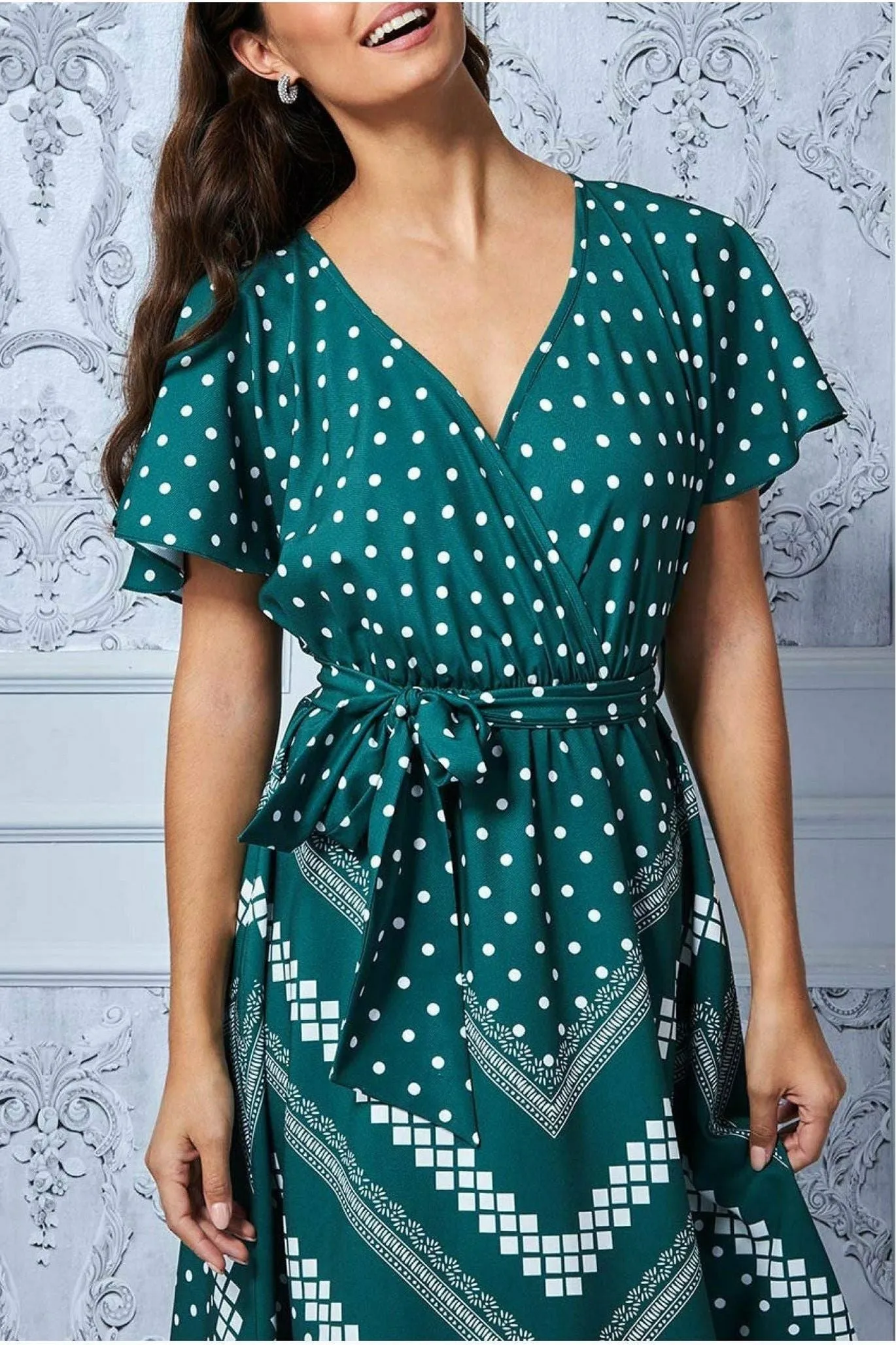 Goddiva Wrap Style Flutter Sleeve Midi Dress - Emerald Green