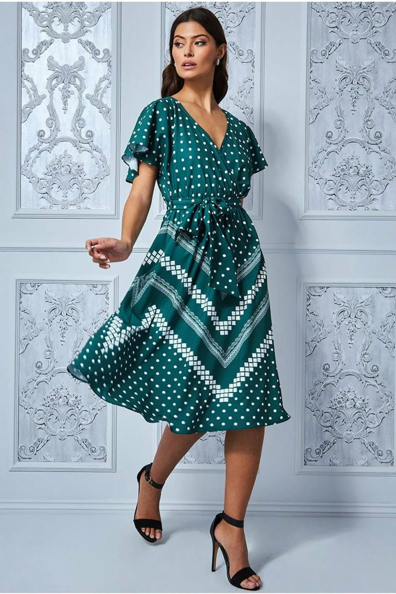 Goddiva Wrap Style Flutter Sleeve Midi Dress - Emerald Green