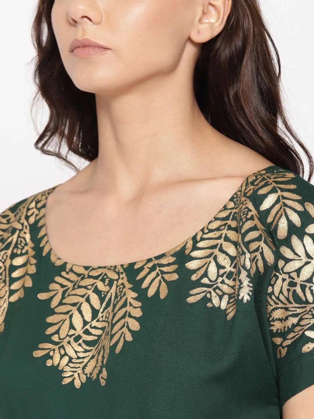 Gold Block Print Front Pleated Side Cowl Dress