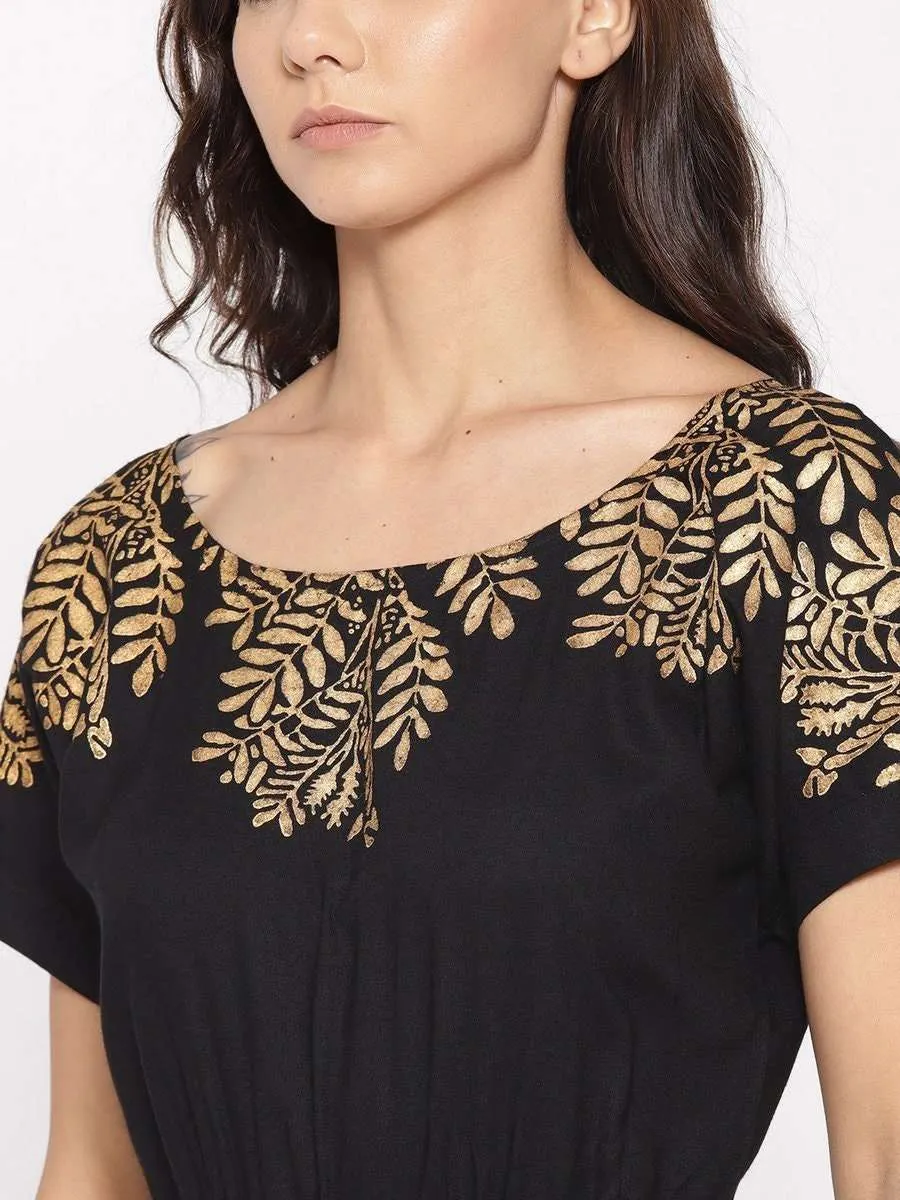 Gold Block Print Front Pleated Side Cowl Dress