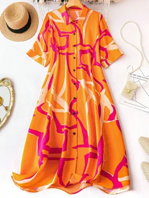 Graphic Print V-Neck A-line Orange Shirt Dress