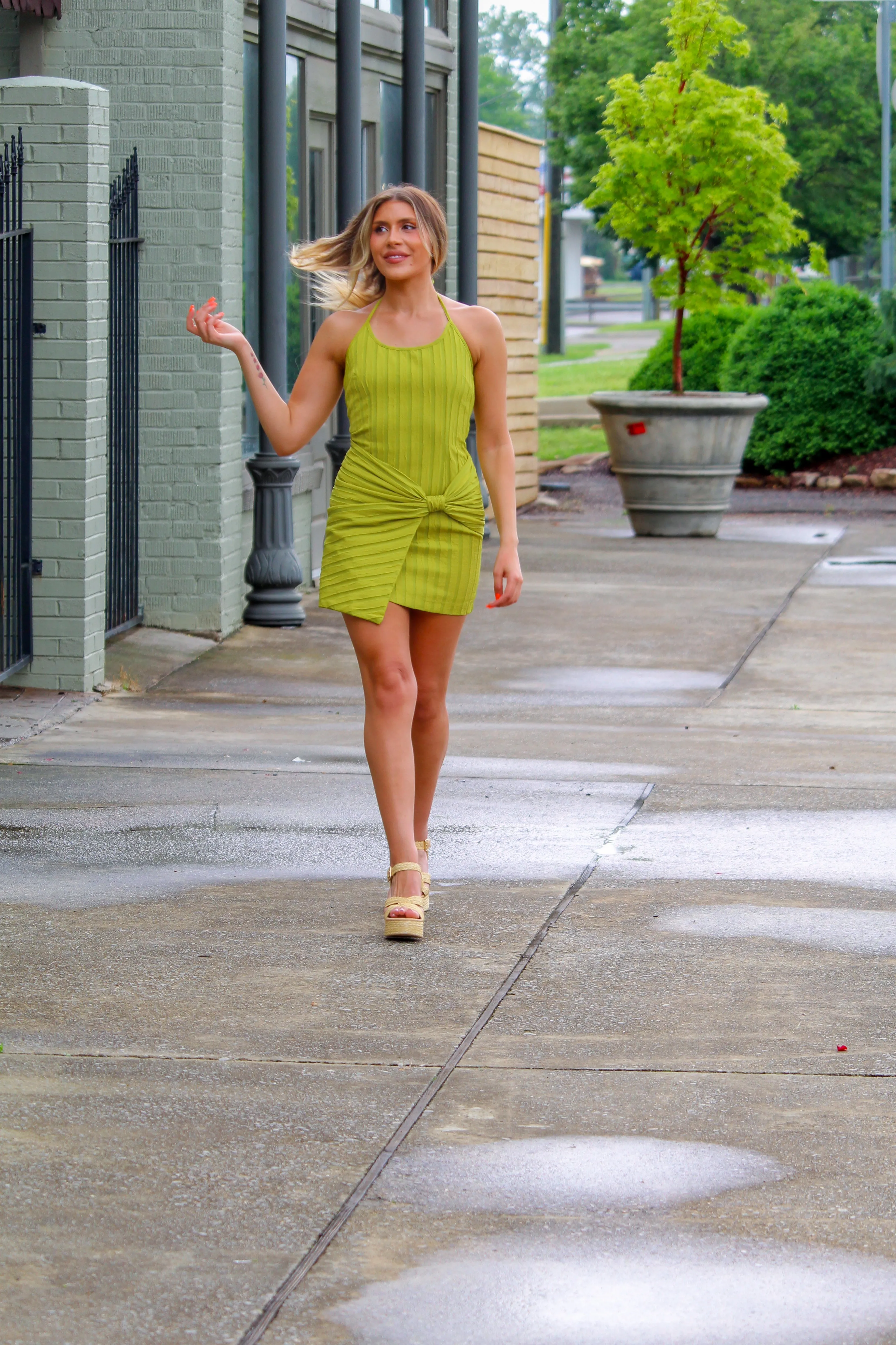 Green Halter Bow Wrap Mini Dress