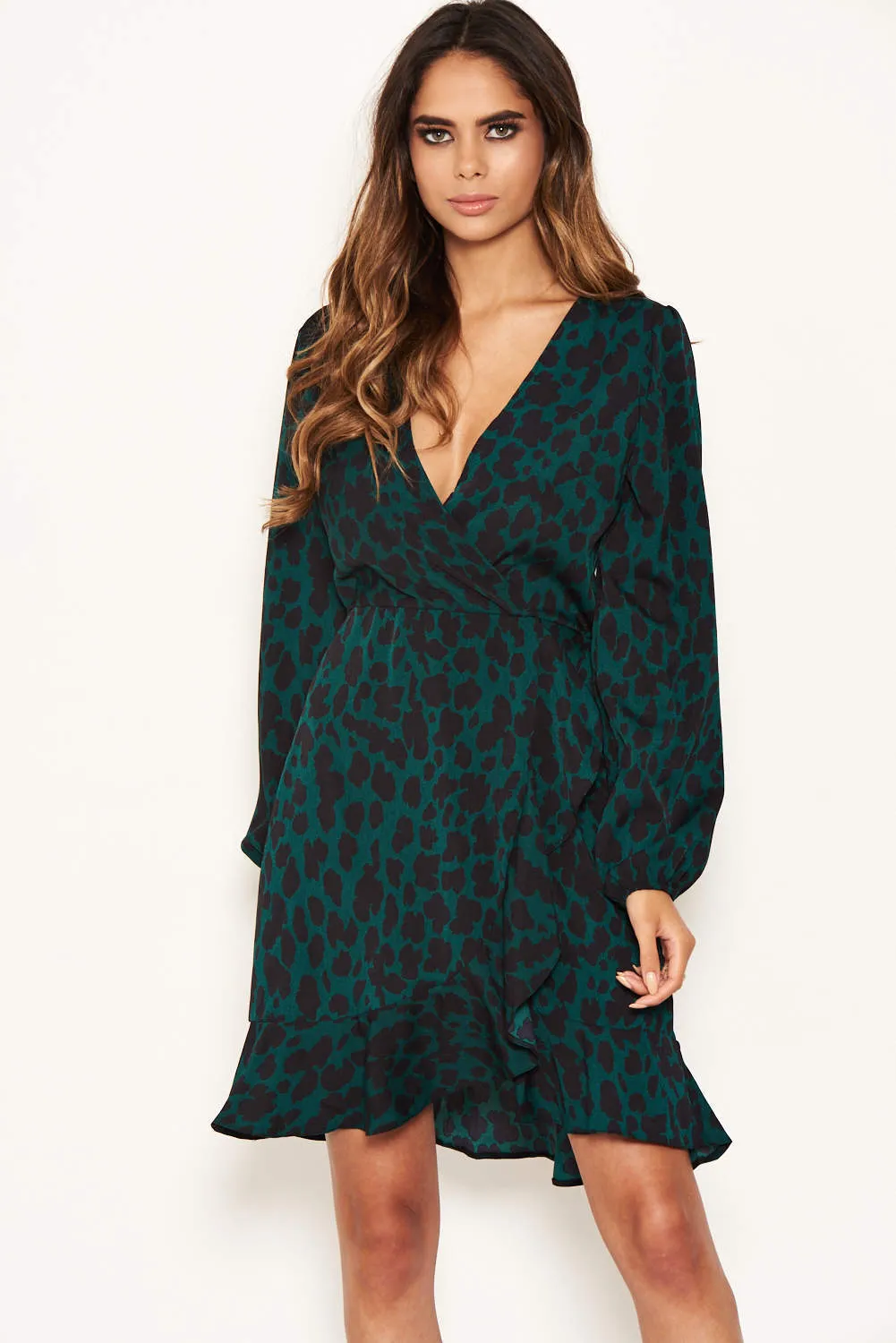 Green Leopard Print Long Sleeve Wrap Dress